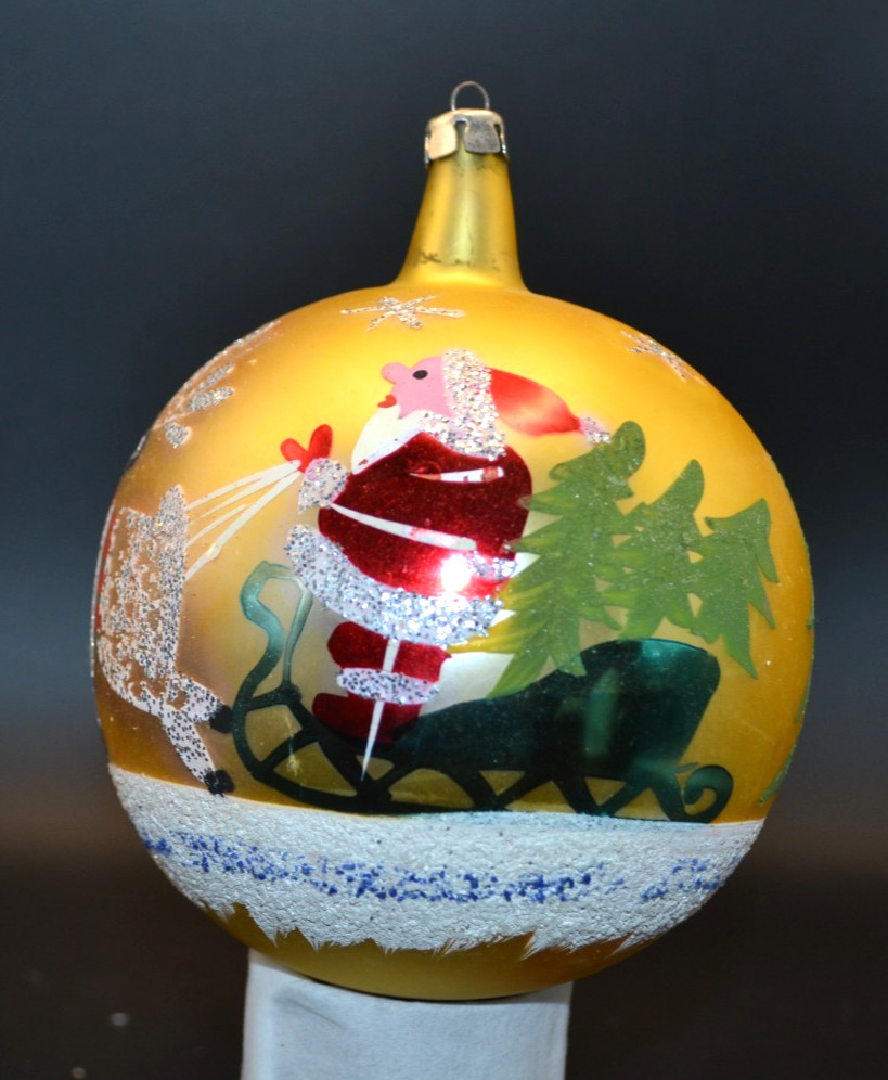 Vintage Jumbo Glass Christmas Ornament Santa Sleigh Reindeer Mica Gold Poland