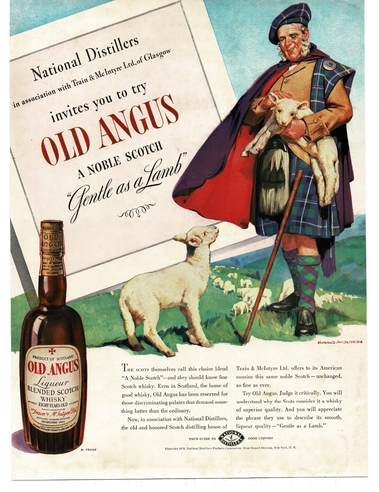 1938 Old Angus Scotch Whisky Scotsman shepherd lamb art Vintage Print Ad 1