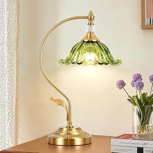 Vintage Floral Table Lamp, Plug in Mid-Century Modern Desk Lamp with Green Gl... Vintage Floral Table Lamp, Plug in Mid-Century Modern Desk Lamp with Green Gl...