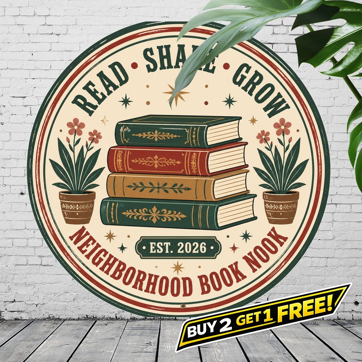 Little Free Library Community Round Metal Tin Sign Garden Wall Decor