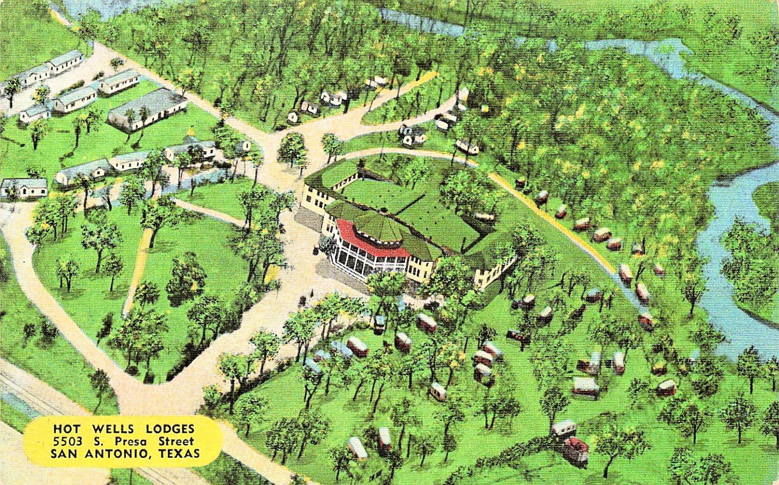 San Antonio TX Texas Hot Wells Lodges Trailer Park Aerial View Vtg Postcard 2A