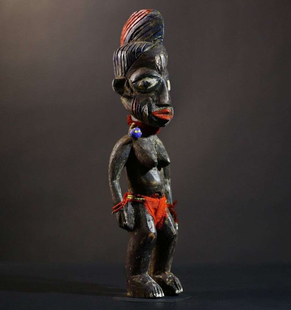 African Yoruba Ibeji Figure Blue Coiffure Hand Carved Wood Nigeria Tribal -G4744