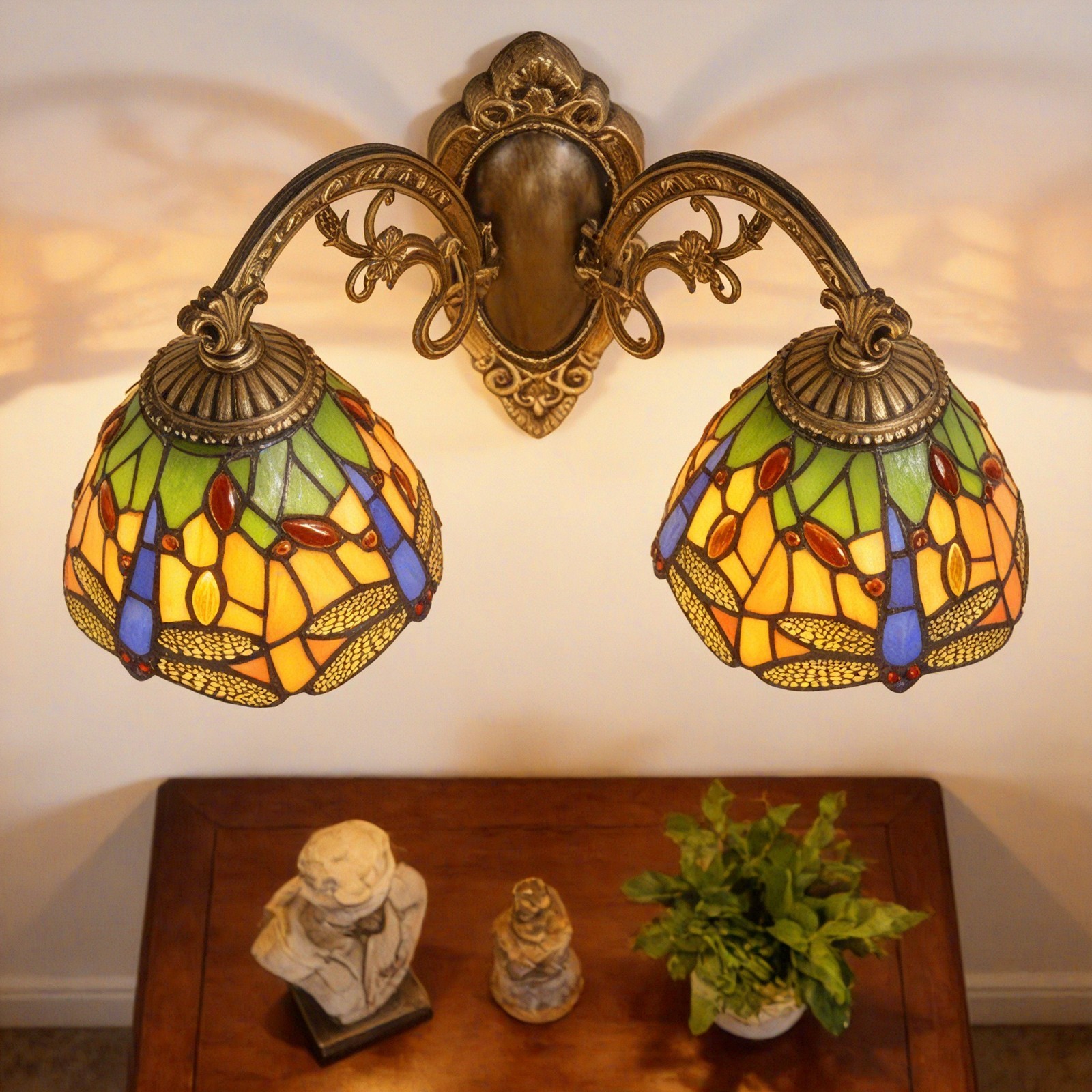 17'Double Headed Orange Dragonfly Lampshade Wall Lamp, Tiffany Entrance New Lamp