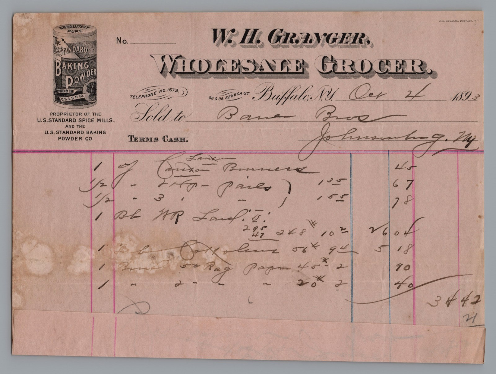 1893 Illustrated Billhead W. H. Granger Grocer Buffalo, NY Ephemera