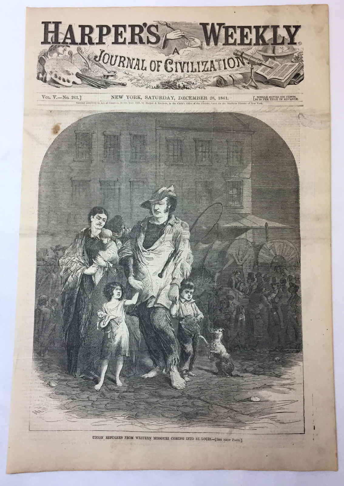 1861 magazine engraving~ UNION REFUGEES FROM WESTERN MISSOURI