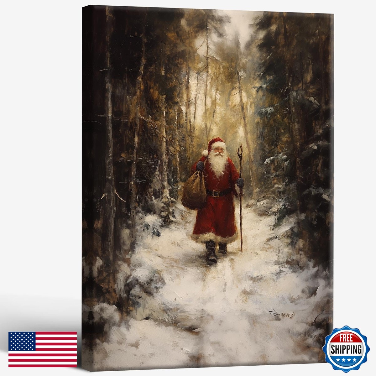 ECUASMR Vintage Christmas Santa Claus Walking on Snow 24X36 in Wrapped Framed