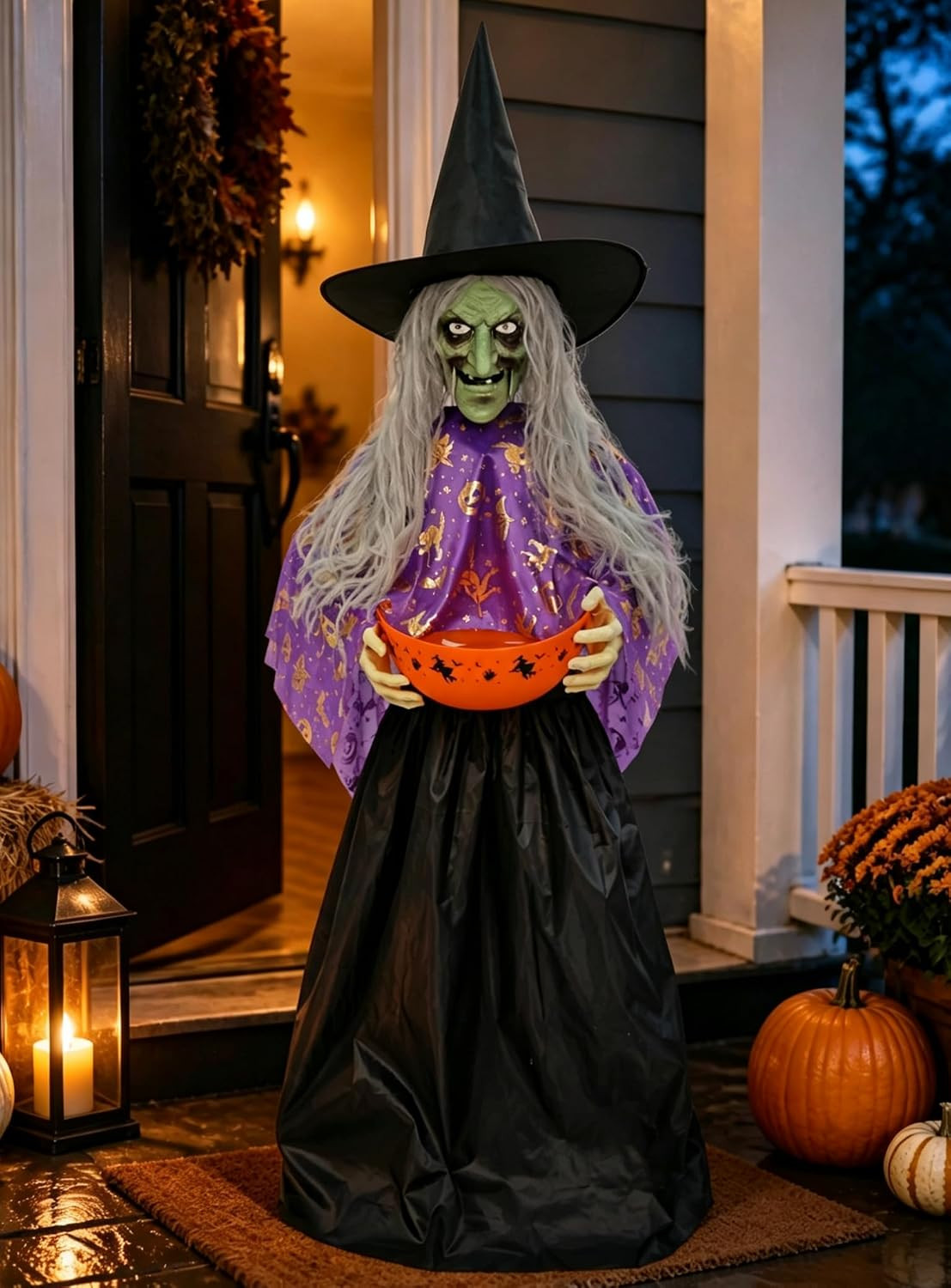 Halloween Witch Animatronic with Candy Bowl, Moving Head & Mouth, Sound