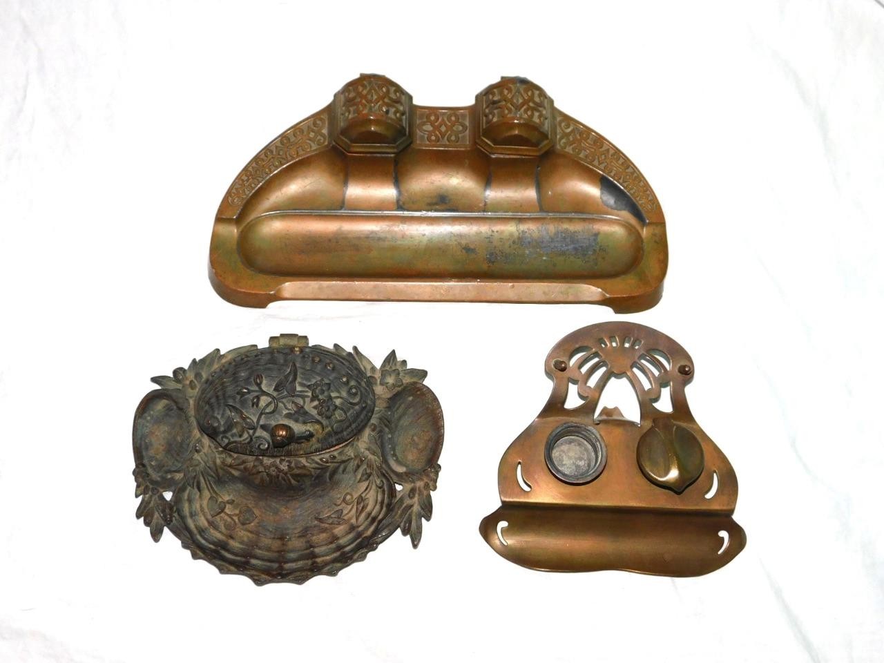 Lot 3 Antique Metal Inkwell Pen Holder Trays Art Deco Nouveau Need TLC