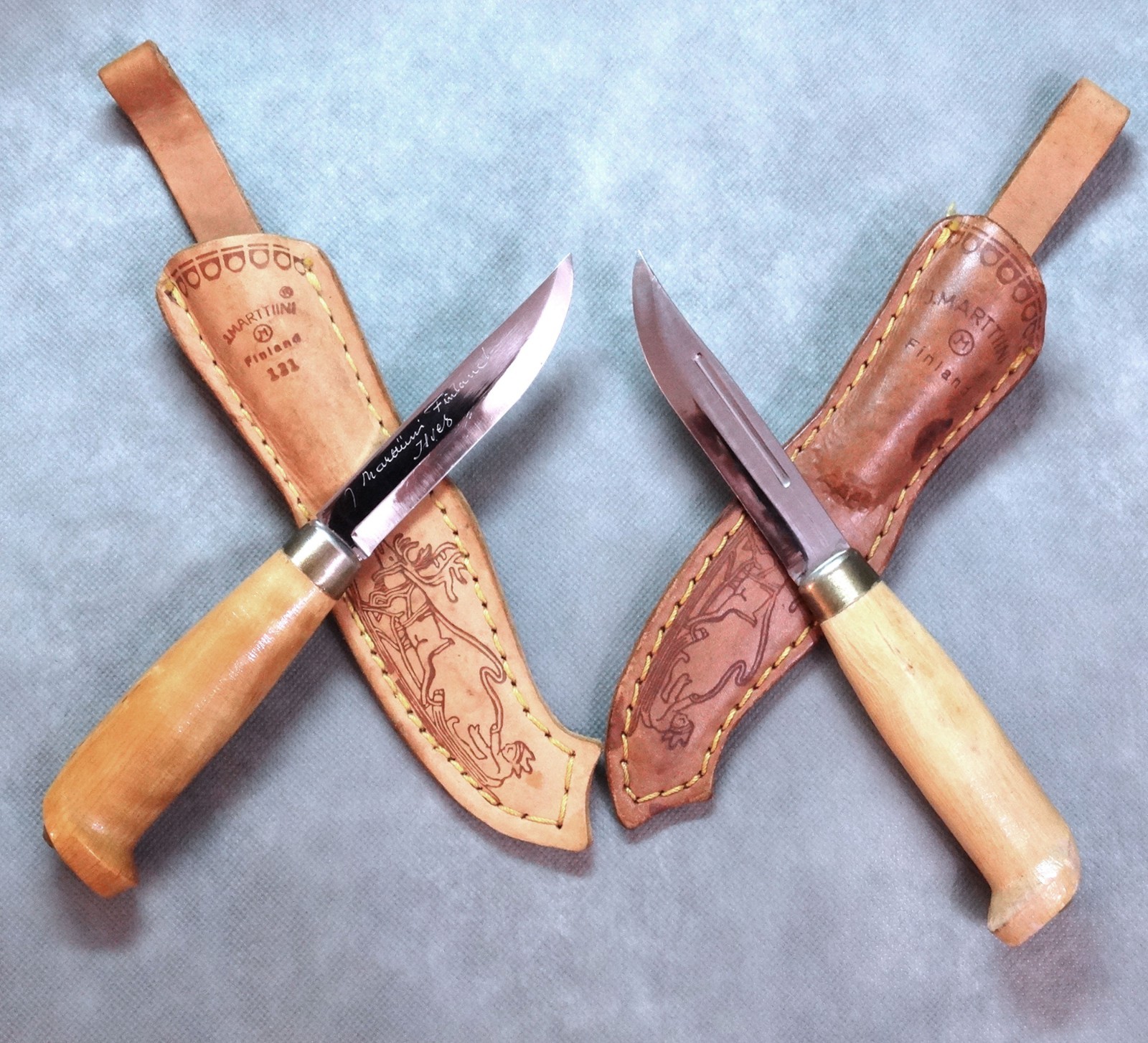TWO VTG Marttiini Lynx Knives (1 pre 121)  Stainless Steel Blade +SHEATHS PUUKKO