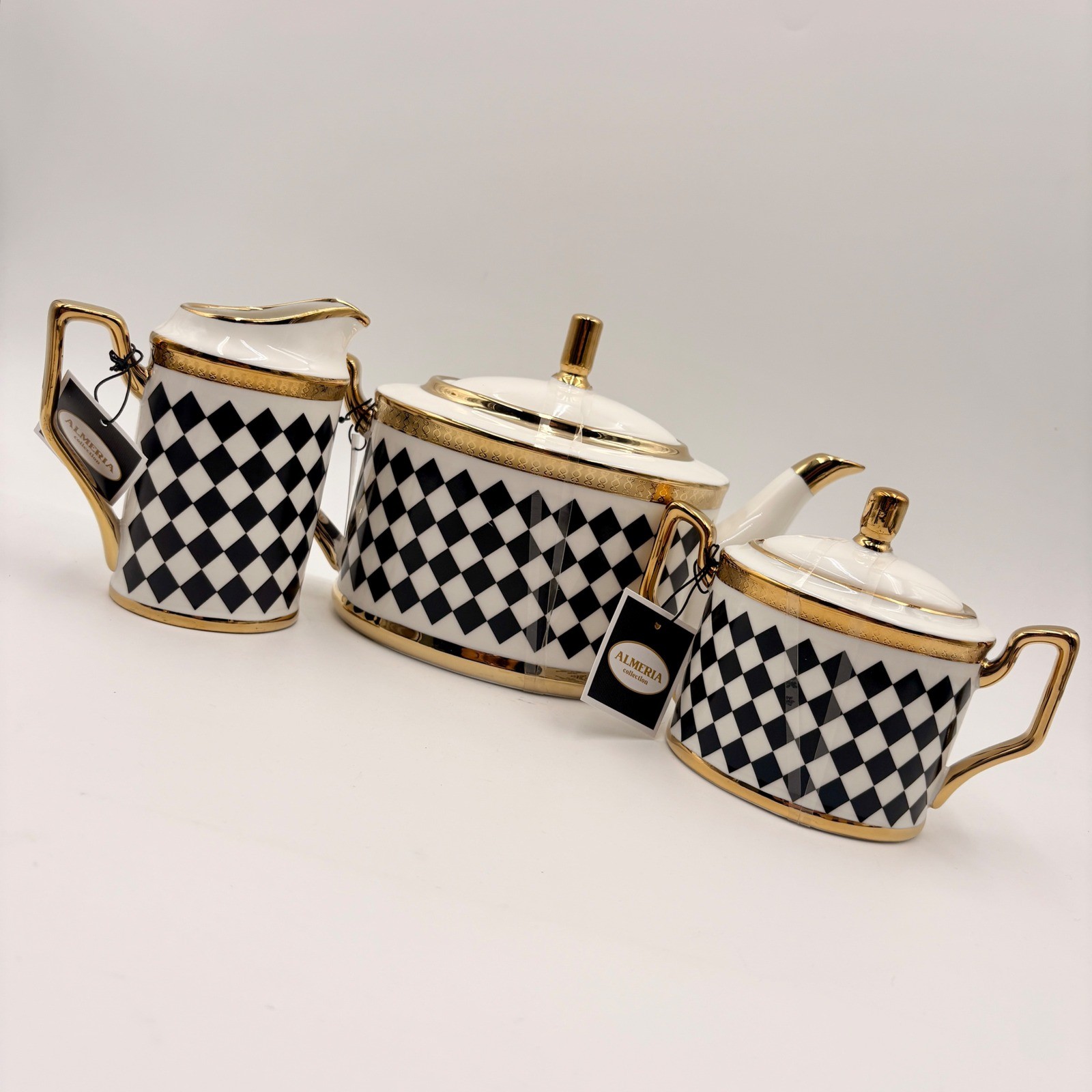 Almeria Collection Harlequin Black White Gold Porcelain Tea Set 3pc New