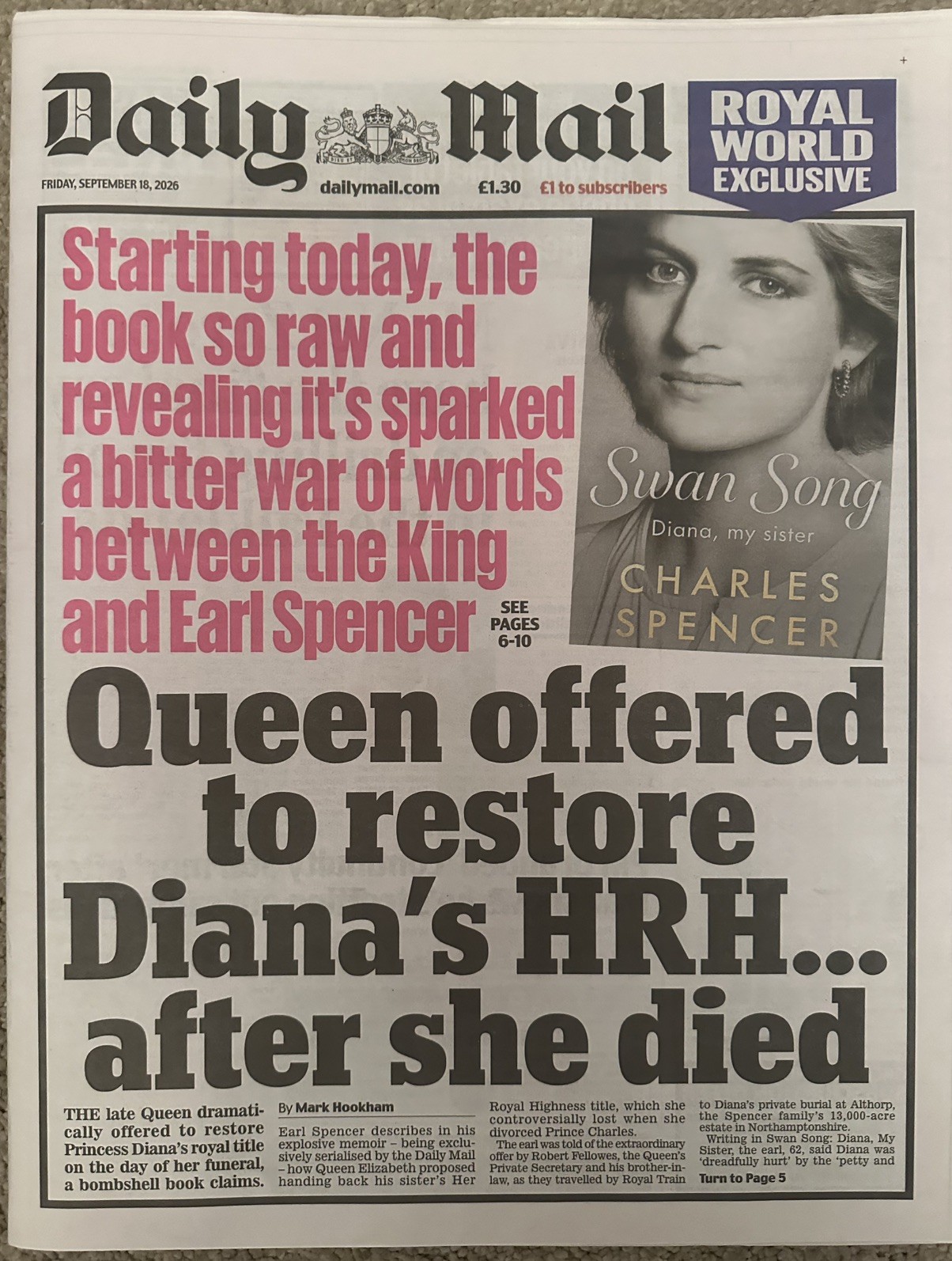 Daily Mail 18th September 2026 18/9/26 Queen Offered To Restore Diana’s HRH 