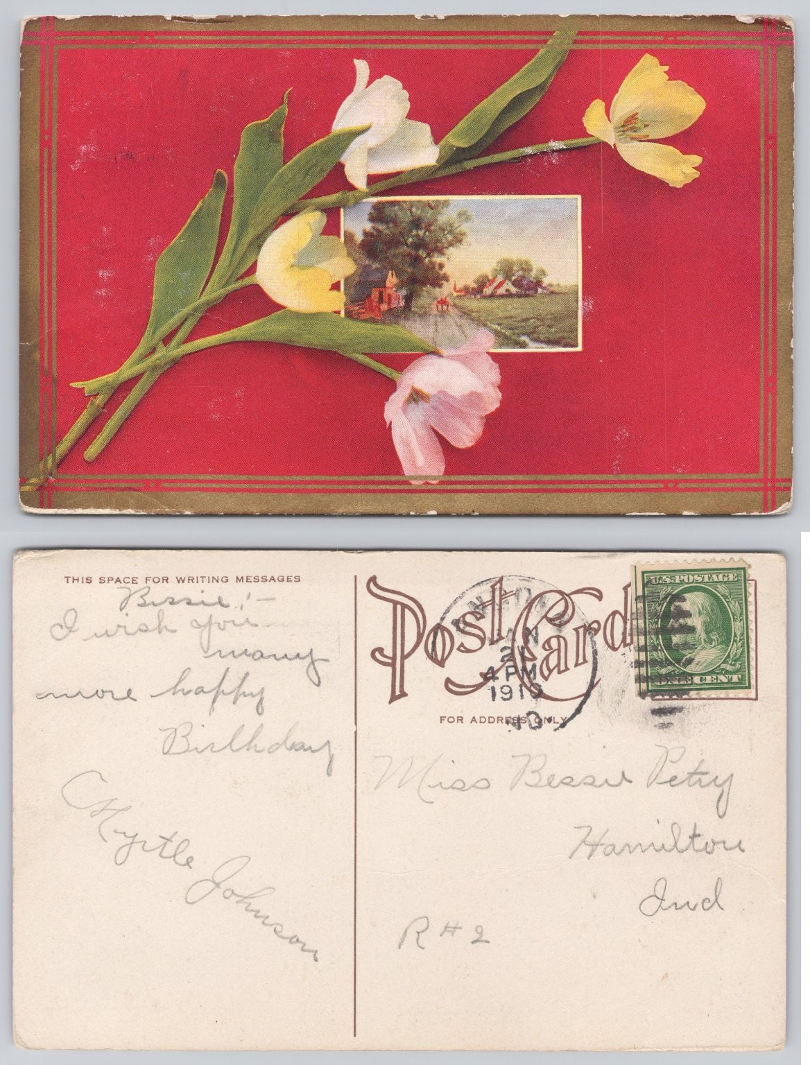 1913 Birthday Postcard Tulips Farmland Indiana Rural Scene US 1c Stamp