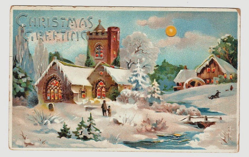 Vintage postcard, Hold To Light HTL, Christmas Greetings, Church scene, 1909 UK Vintage postcard, Hold To Light HTL, Christmas Greetings, Church scene, 1909 UK