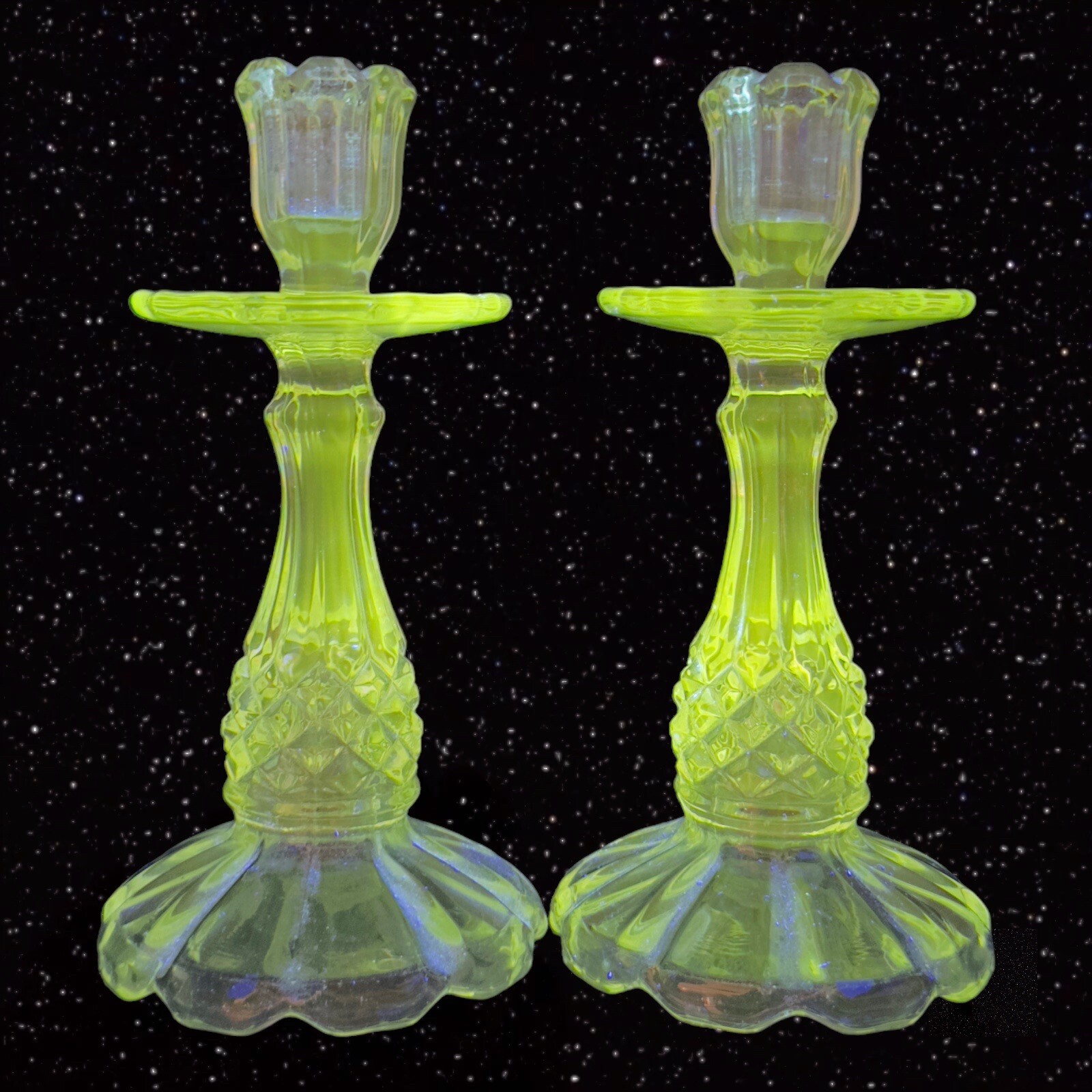 Antique Clear Glass Candle Stick Holder Set 2 Tapper Glass Manganese 365nm GREEN Antique Clear Glass Candle Stick Holder Set 2 Tapper Glass Manganese 365nm GREEN