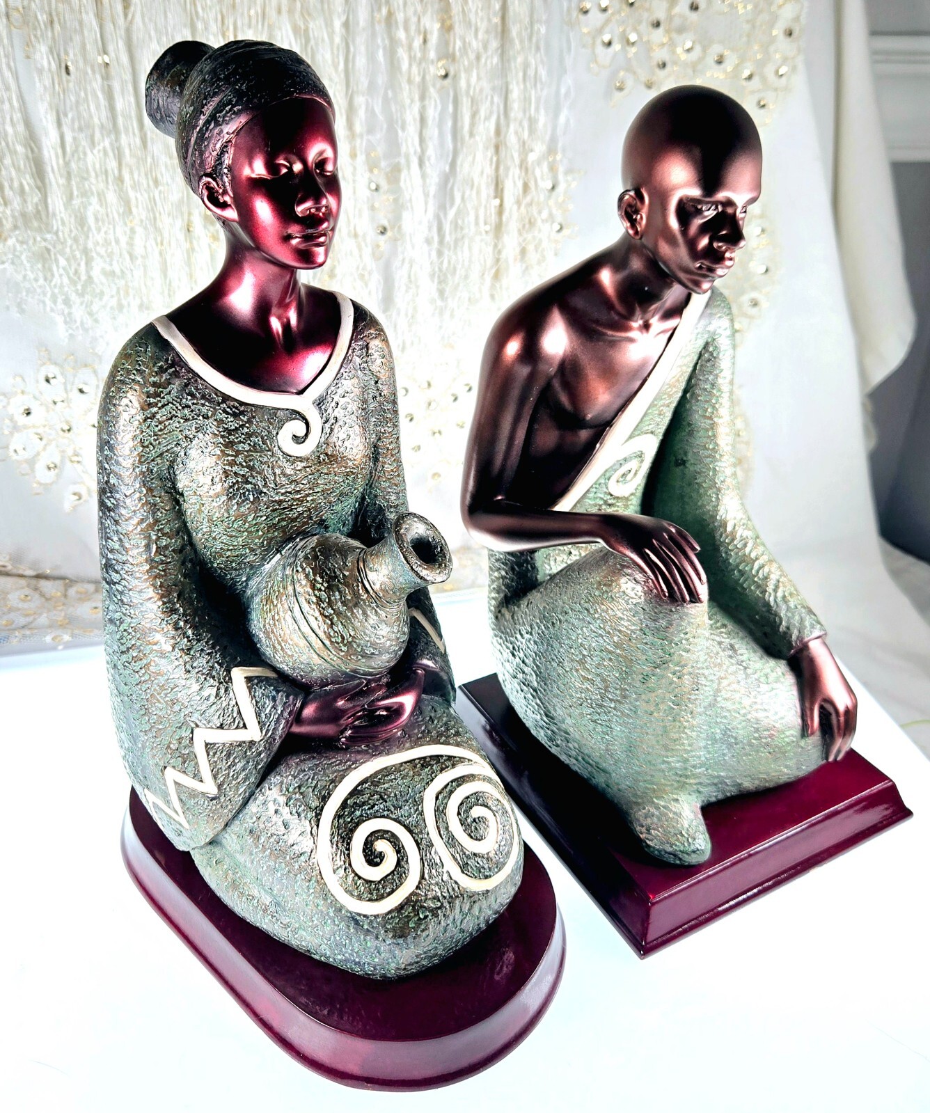 Gorgeous SEYMOUR MANN African Male & Female Stone Resin Statues on Wood Base