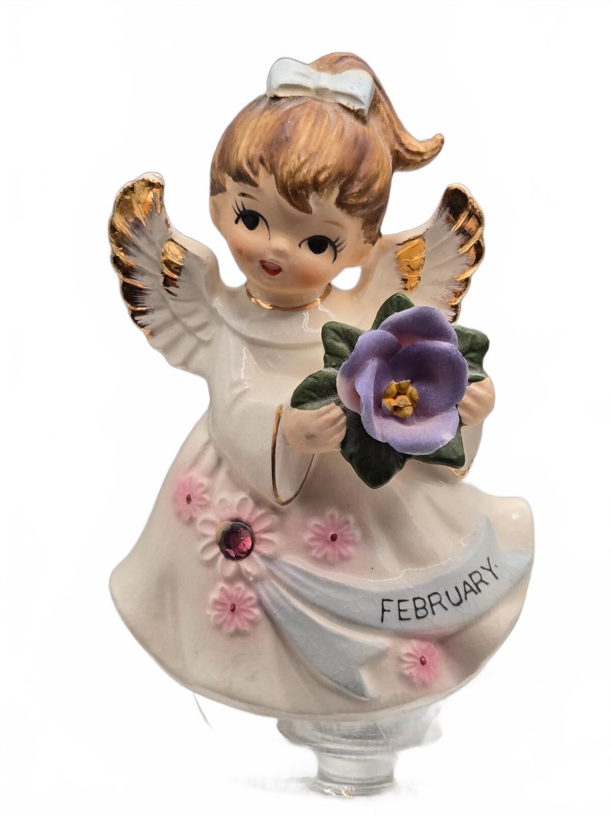 Vintage February Angel Figurine with Purple Flower and Gold Accents