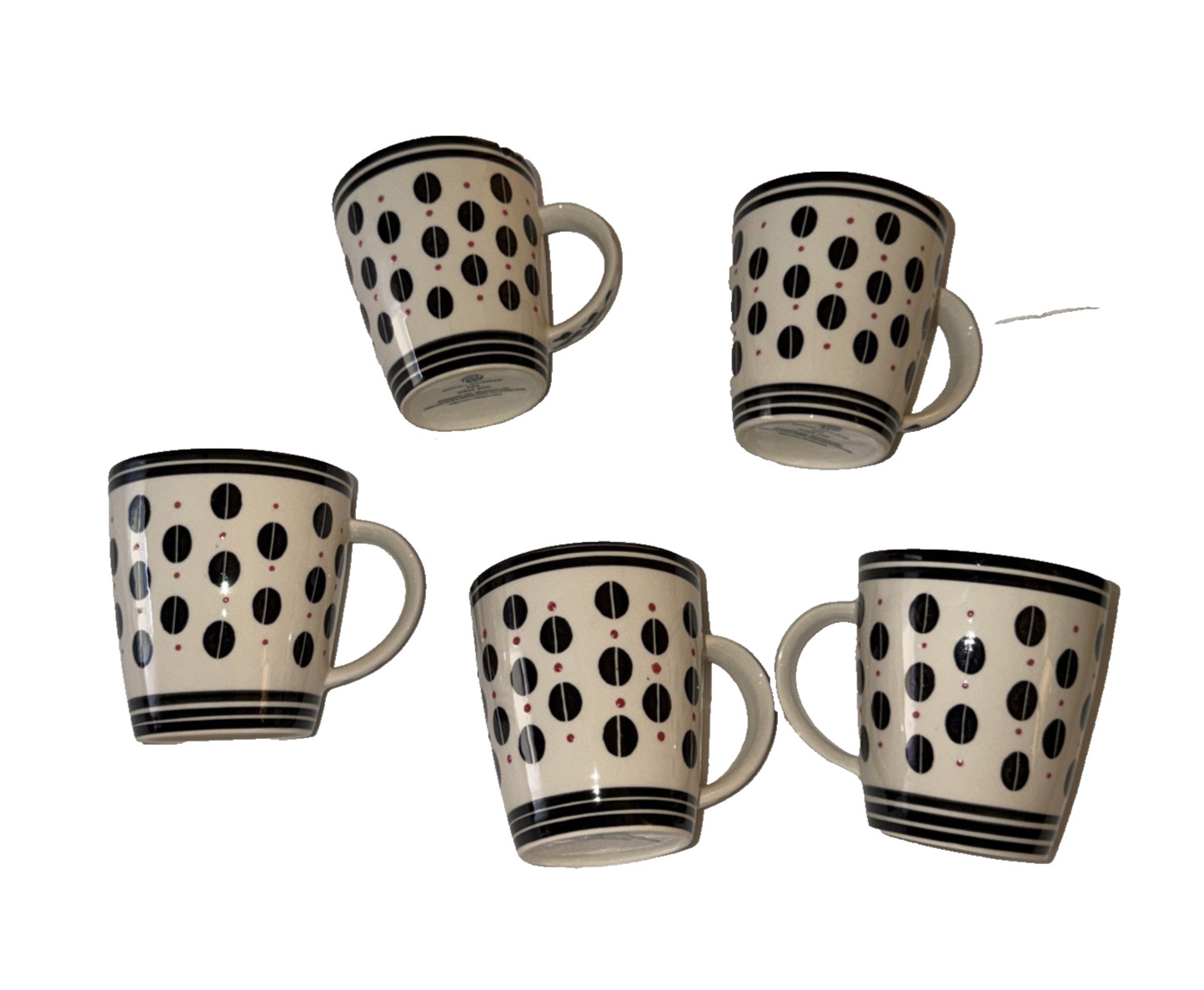 5 Vintage MOD Pedestal Black & White Coffee Mugs Cups Complete Set