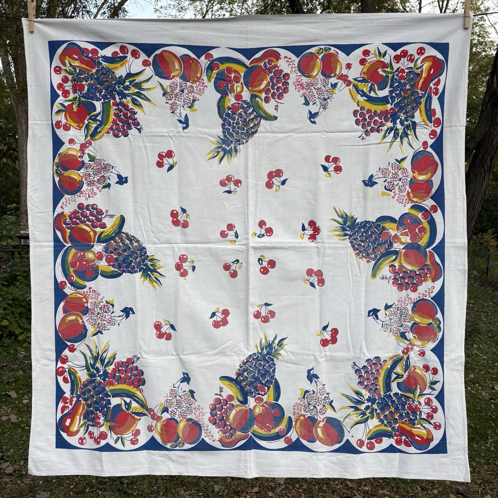 Vintage MCM Square TABLECLOTH 50” x 47” Pineapples Bananas Cherries Kitsch