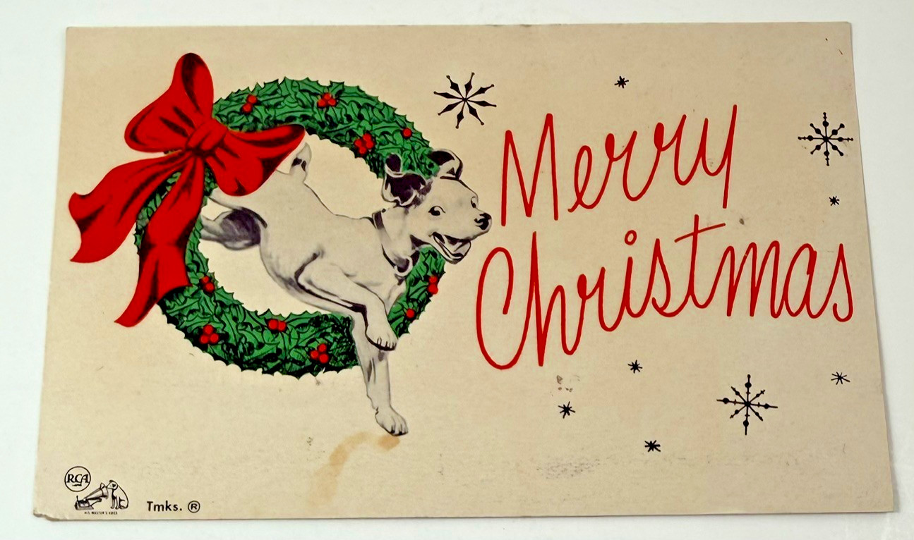 1950's Little Nipper RCA CHILDREN'S RECORDS Fan Club Dog CHRISTMAS POSTCARD card 1950's Little Nipper RCA CHILDREN'S RECORDS Fan Club Dog CHRISTMAS POSTCARD card