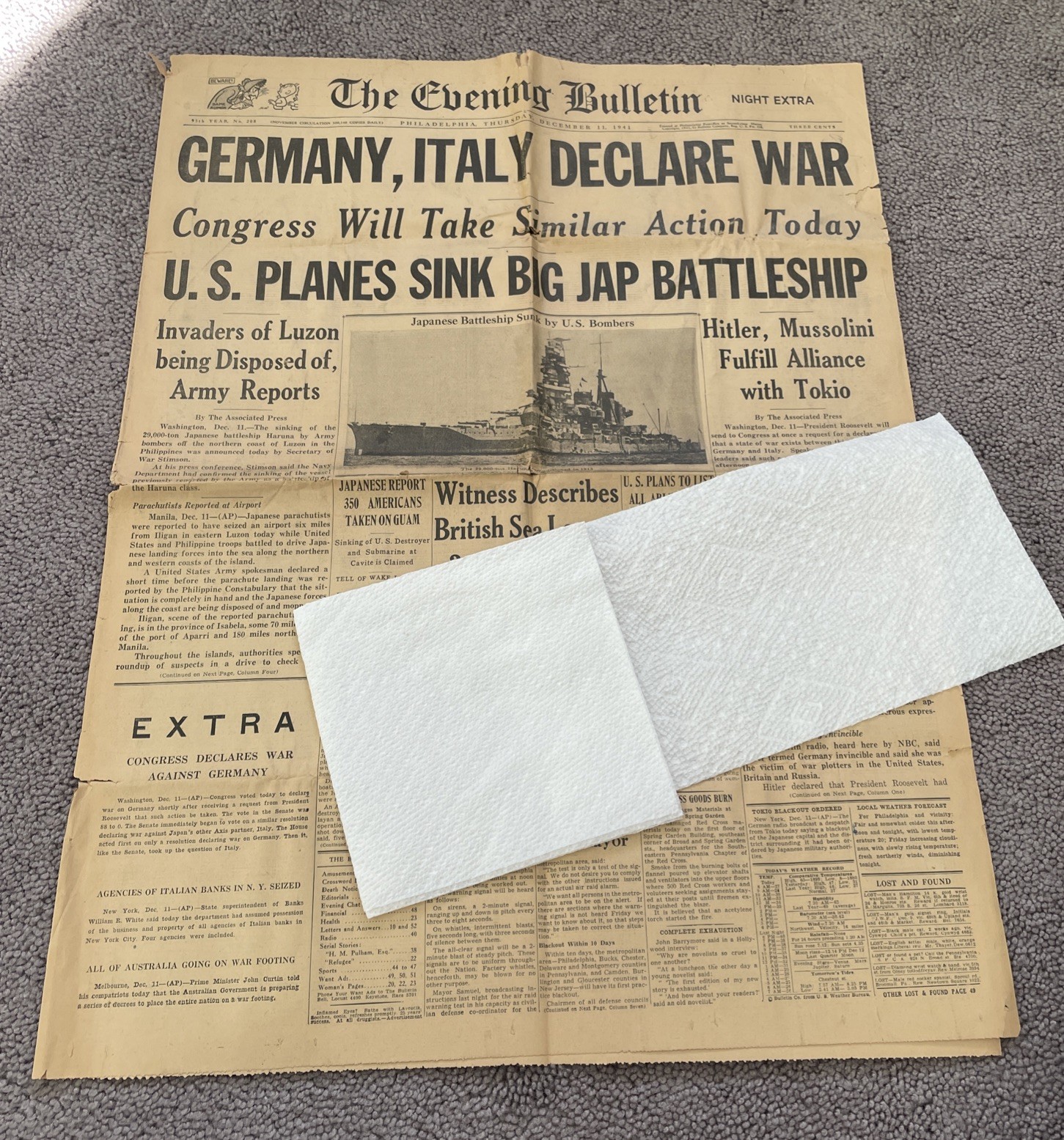 VINTAGE 1941 THE EVENING BULLETIN PHILADELPHIA WARTIME NEWSPAPER VERY RARE