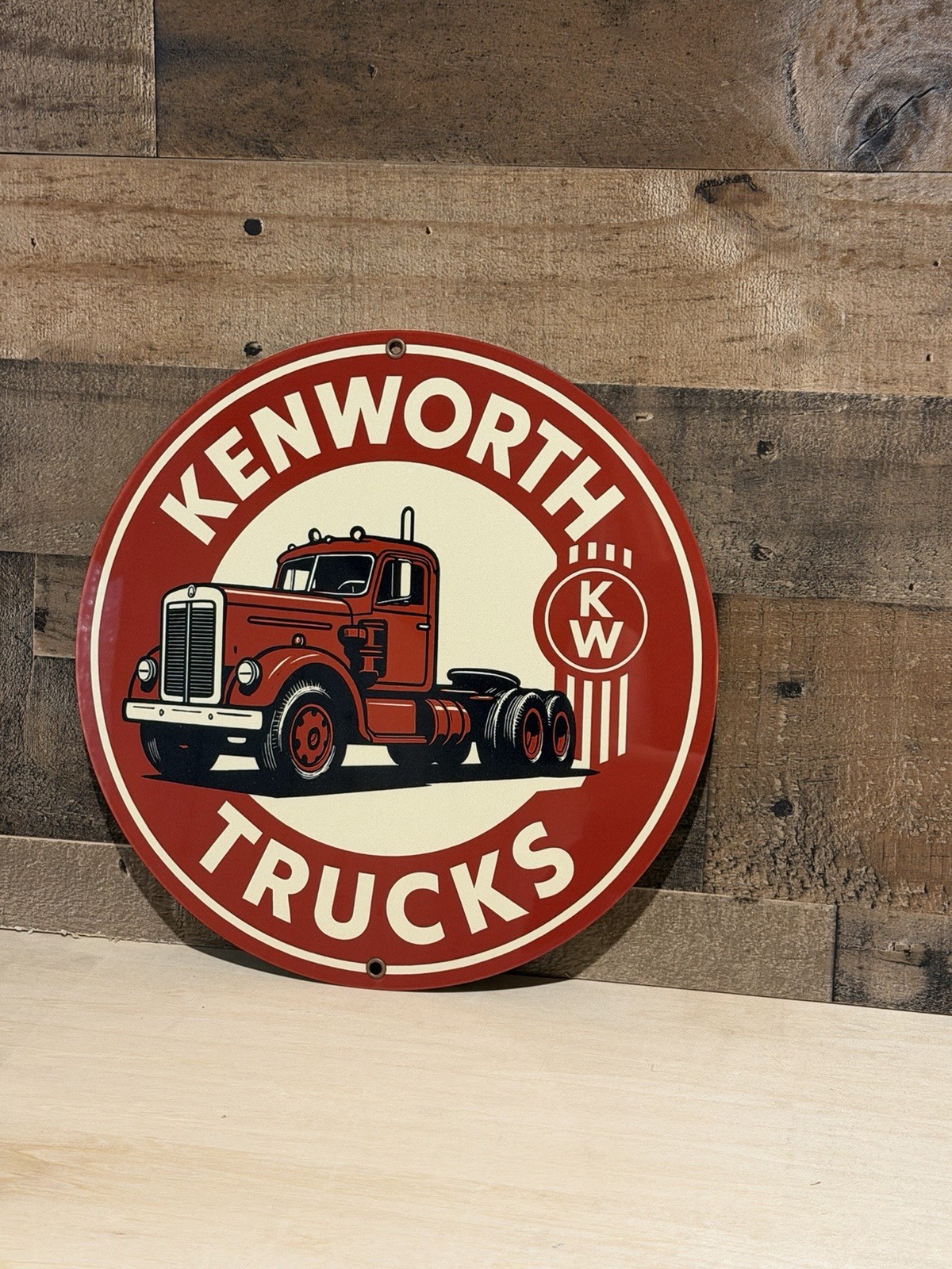 Retro Style Kenworth kW Trucks Service Quality Round Garage Sign Retro Style Kenworth kW Trucks Service Quality Round Garage Sign