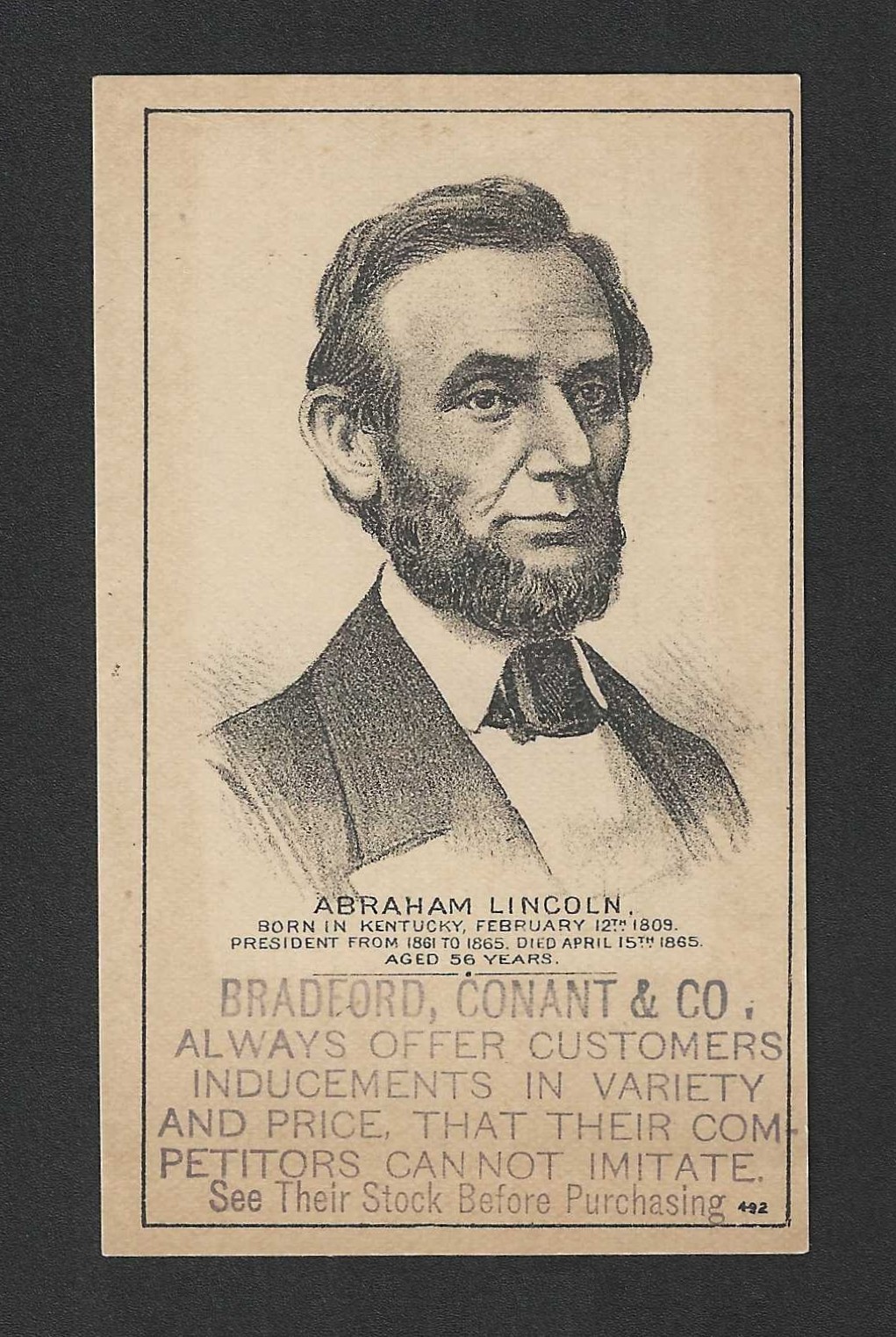 c1880\'s HD2A Trade Card - Bradford, Conant & Company - President Abraham Lincoln c1880\'s HD2A Trade Card - Bradford, Conant & Company - President Abraham Lincoln