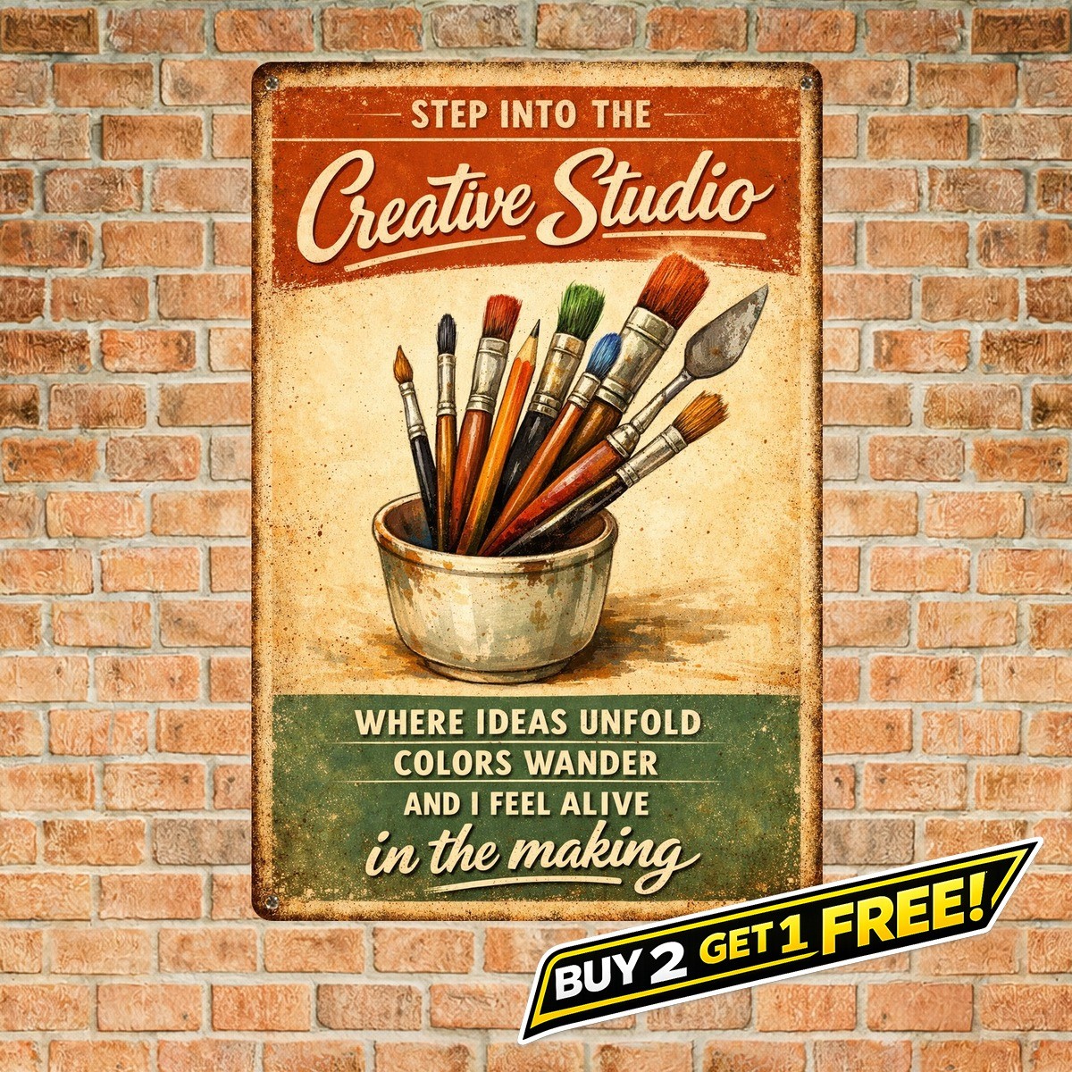 Vintage Art Studio Paint Brushes Jar Metal Tin Sign Artist Wall Decor 8x12