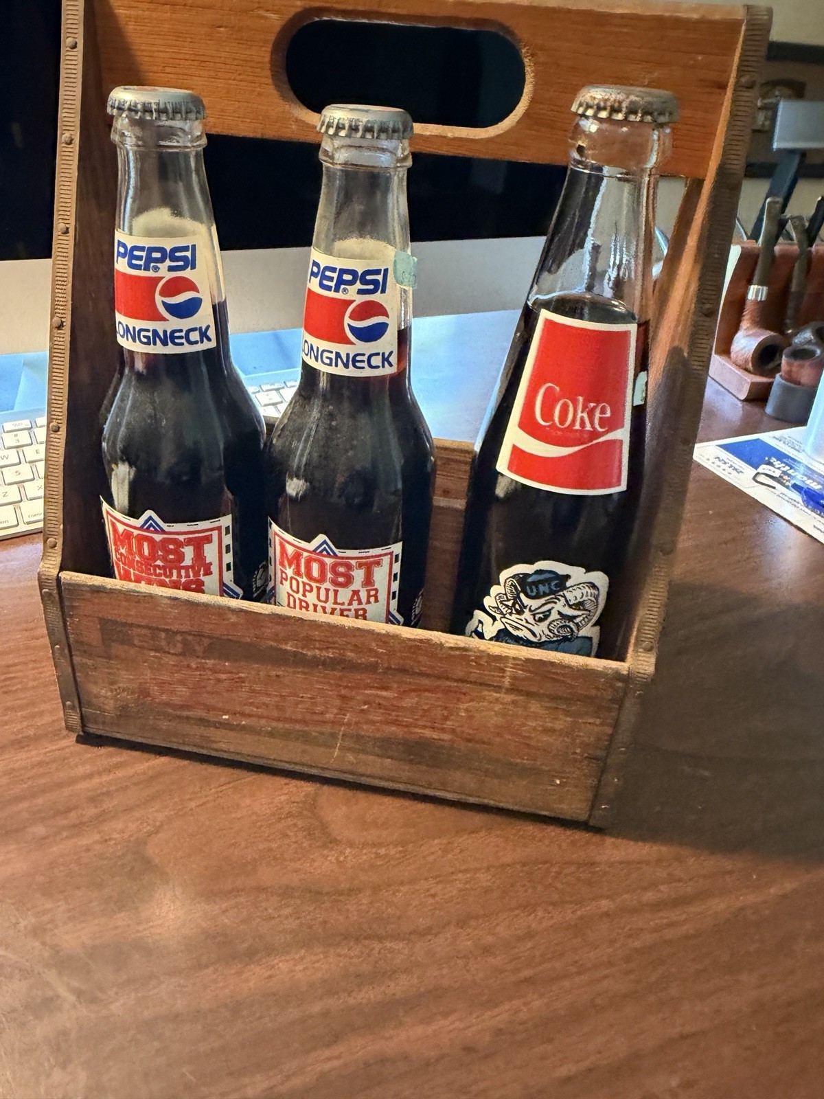 Vintage rare Pepsi-Cola wooden six pack holder with Three Collectible Bottles Vintage rare Pepsi-Cola wooden six pack holder with Three Collectible Bottles