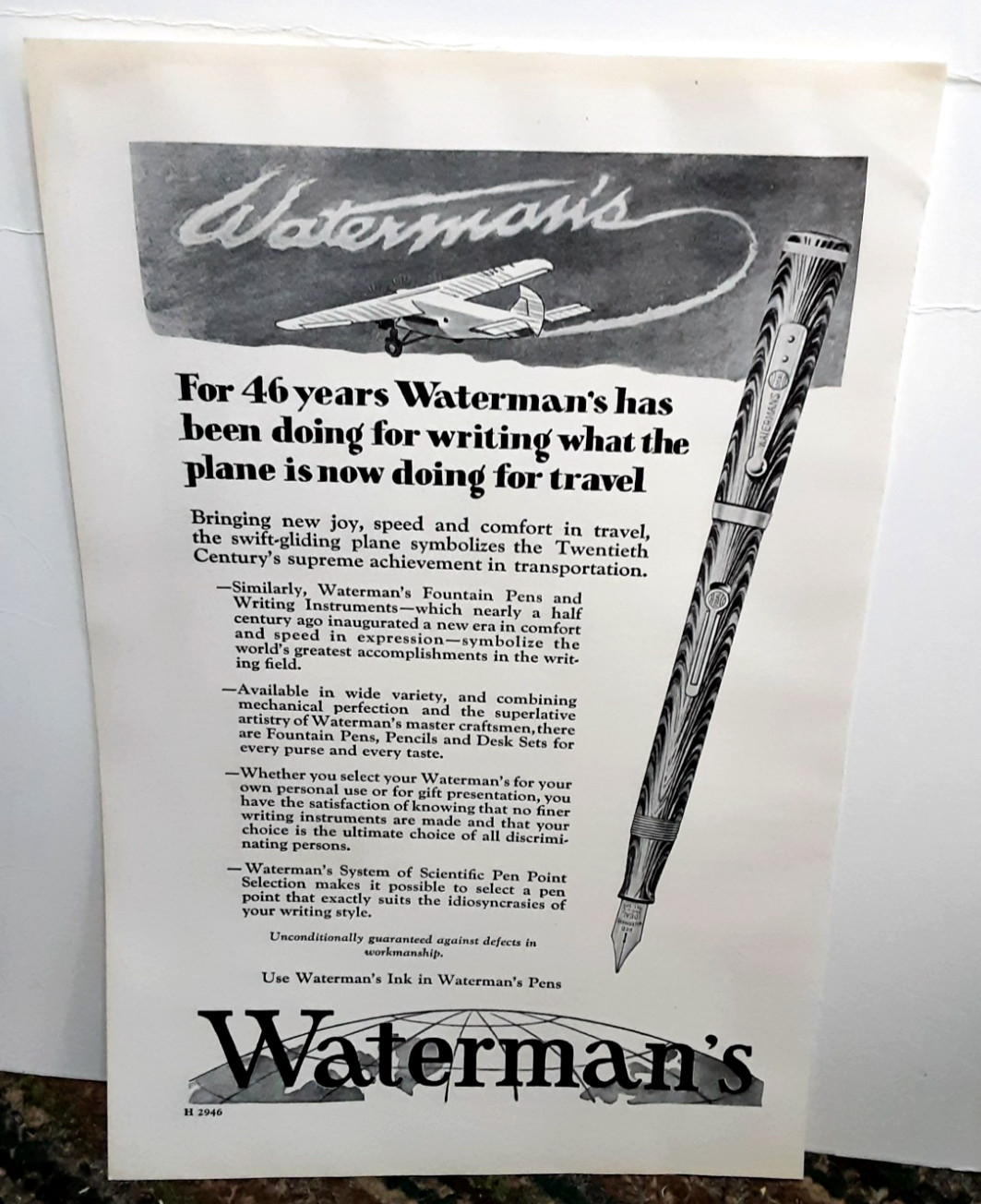 1929 Waterman’s Fountain Pen Ad – Airplane Ink Writing Promo Vintage 1929 Waterman’s Fountain Pen Ad – Airplane Ink Writing Promo Vintage