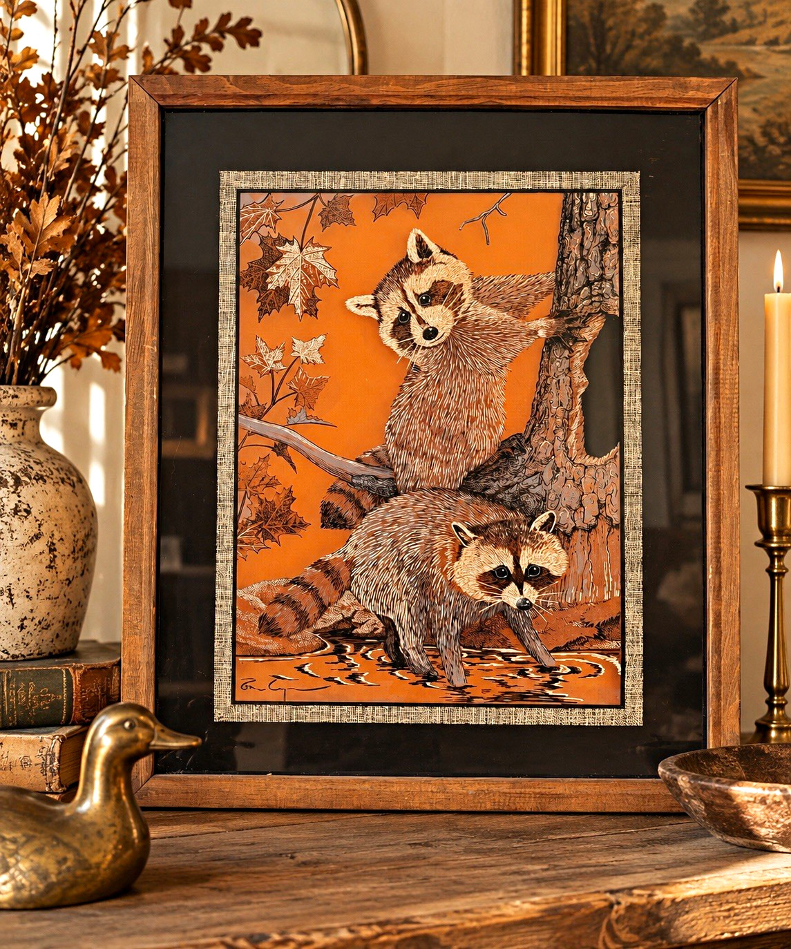 Vintage 1970s Raccoon Woodland Framed Art – Retro Cabin Lodge Wall Decor 18x21 Vintage 1970s Raccoon Woodland Framed Art – Retro Cabin Lodge Wall Decor 18x21