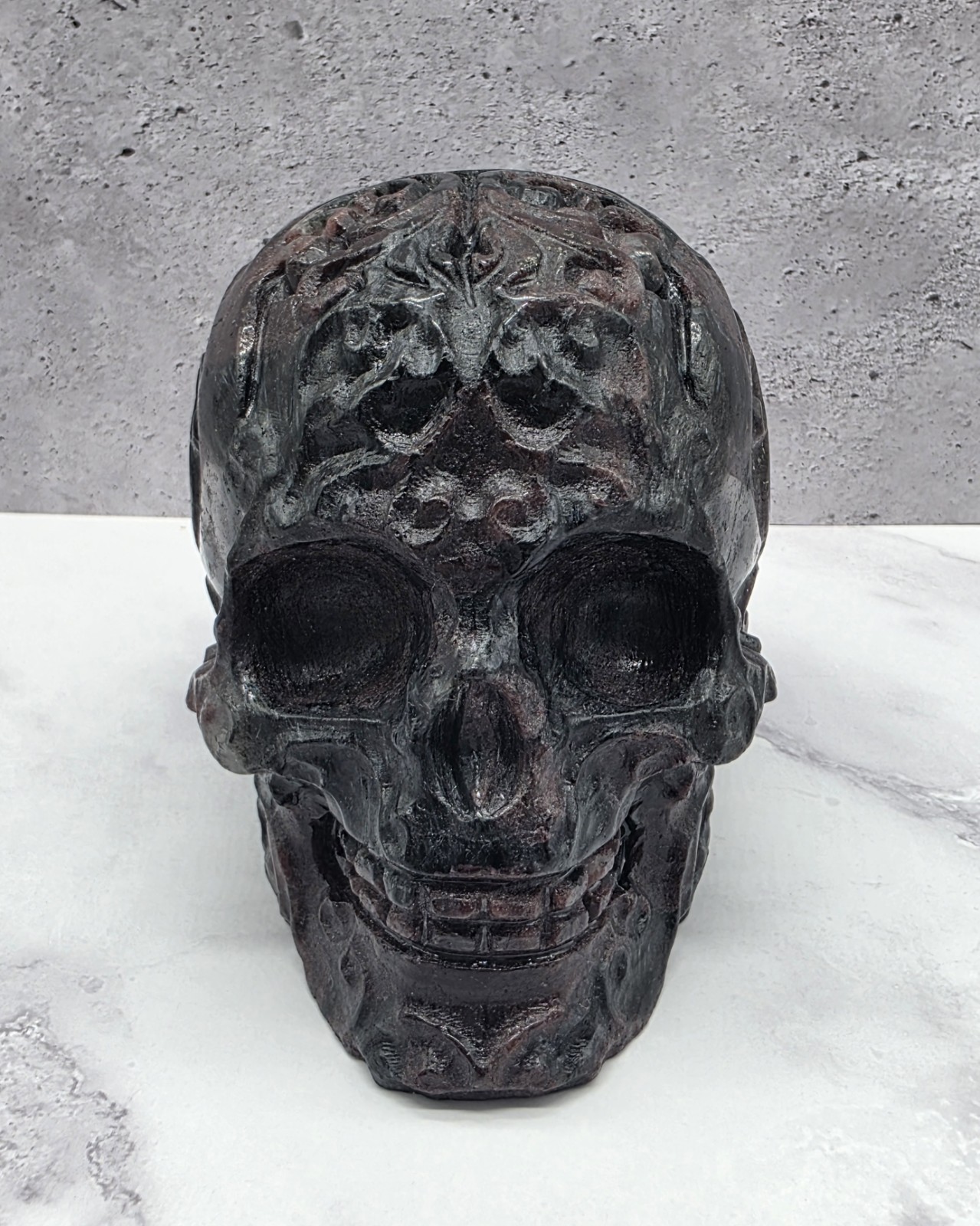 Hand Carved Garnet in Matrix Floral Scrollwork Skull Crystal 3 lb 15 oz