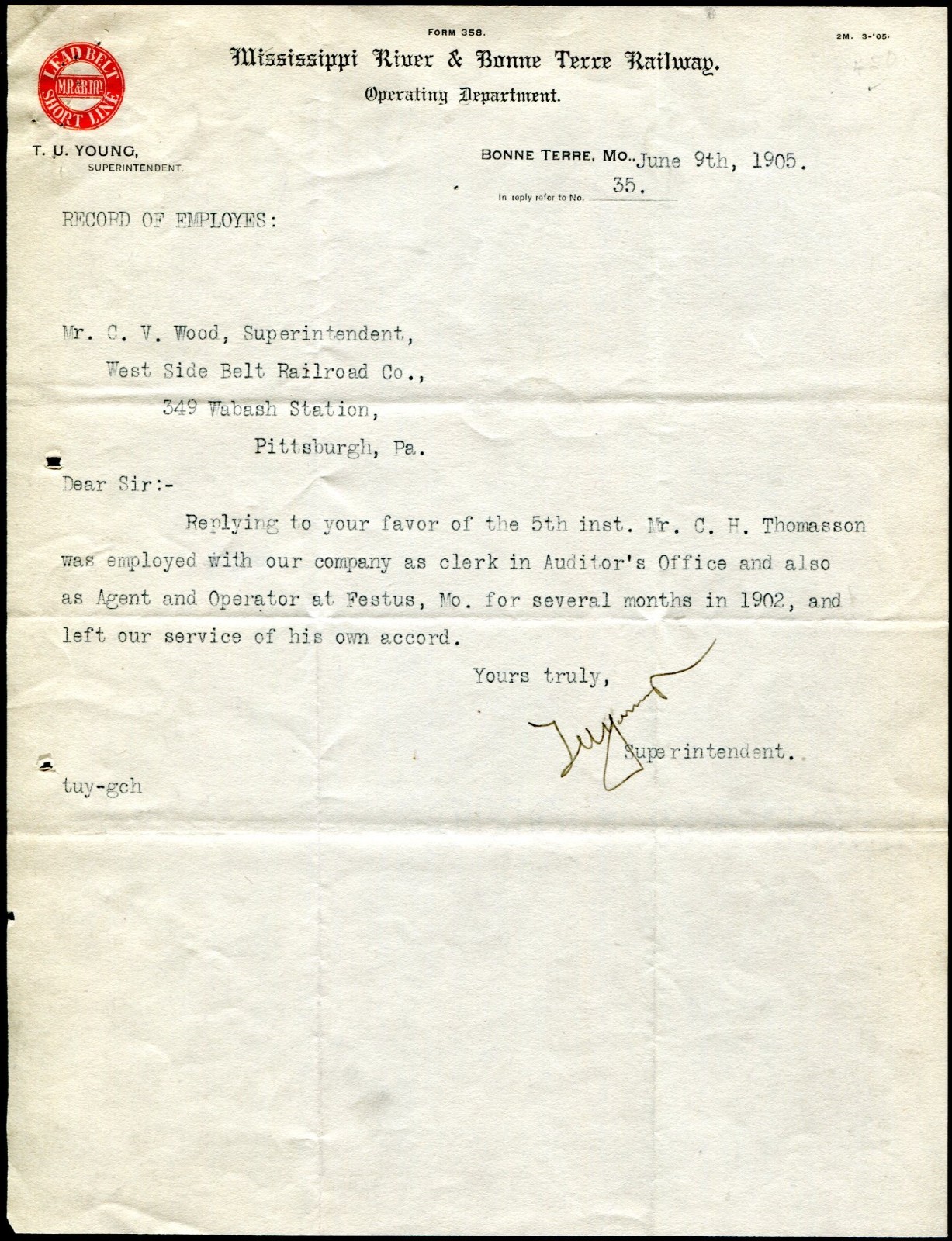 BONNE TERRE, MO., Mississippi River & Bonne Terre Railway, Color Letterhead 1905 BONNE TERRE, MO., Mississippi River & Bonne Terre Railway, Color Letterhead 1905