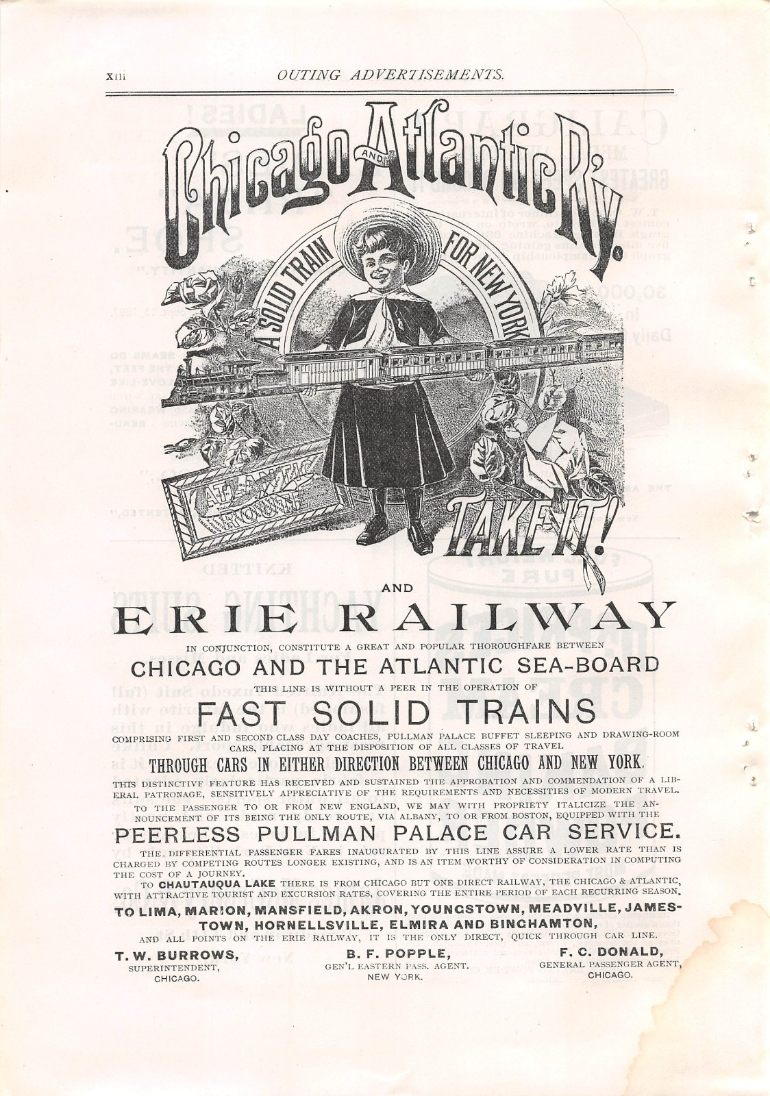 CHICAGO ATLANTIC RY Erie Railway Atlantic Route Boy Toy Train orig 1888 print ad