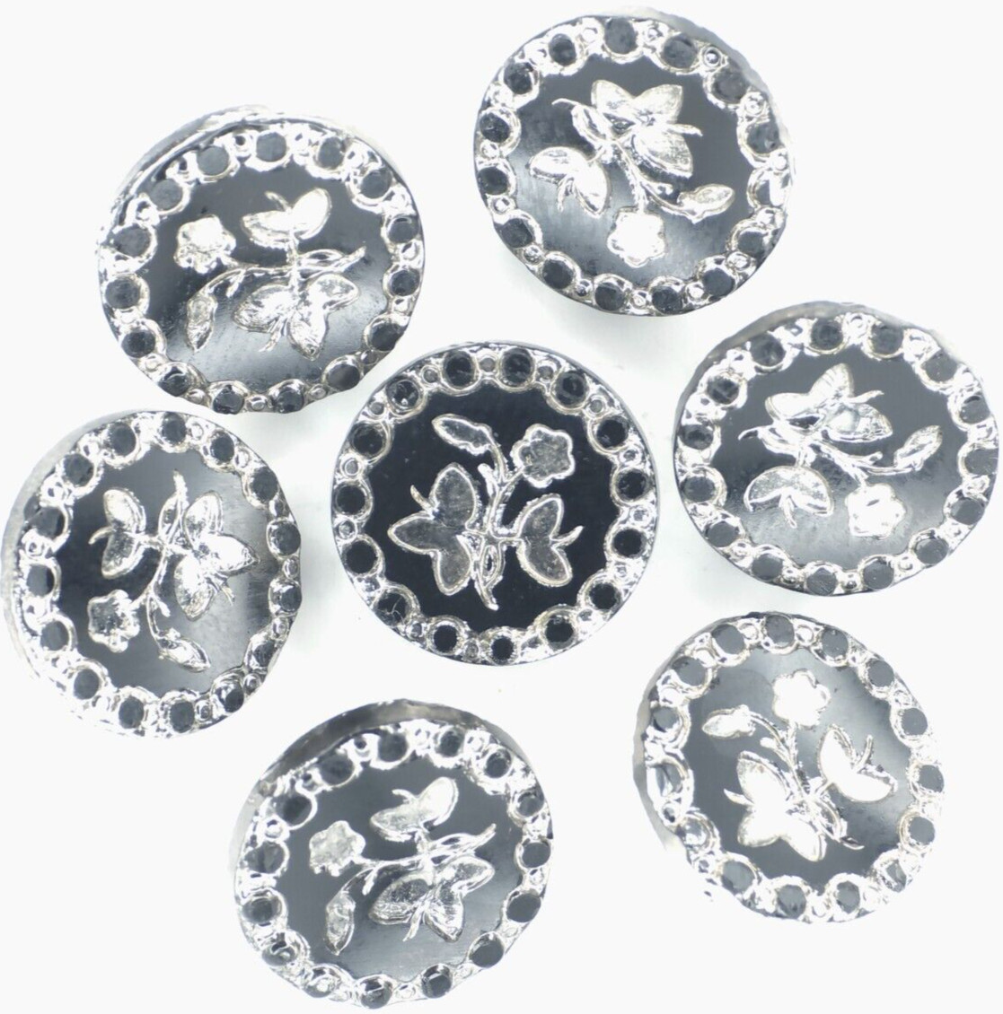 C1920-30s LOT 7 Vintage Floral Silver Luster Black Glass Flower Button Set