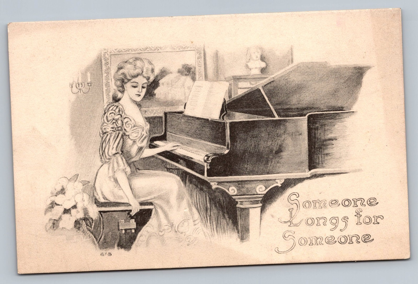 c1906 Someone Longs For Someone Vintage Postcard Greeting Piano Lady c1906 Someone Longs For Someone Vintage Postcard Greeting Piano Lady