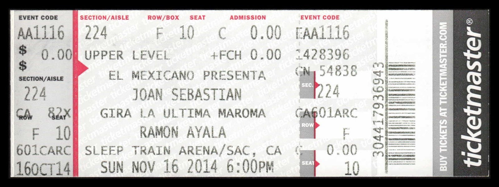 November 16 2014 Joan Sebastian Concert Ticket Sleep Train Arena Sacramento
