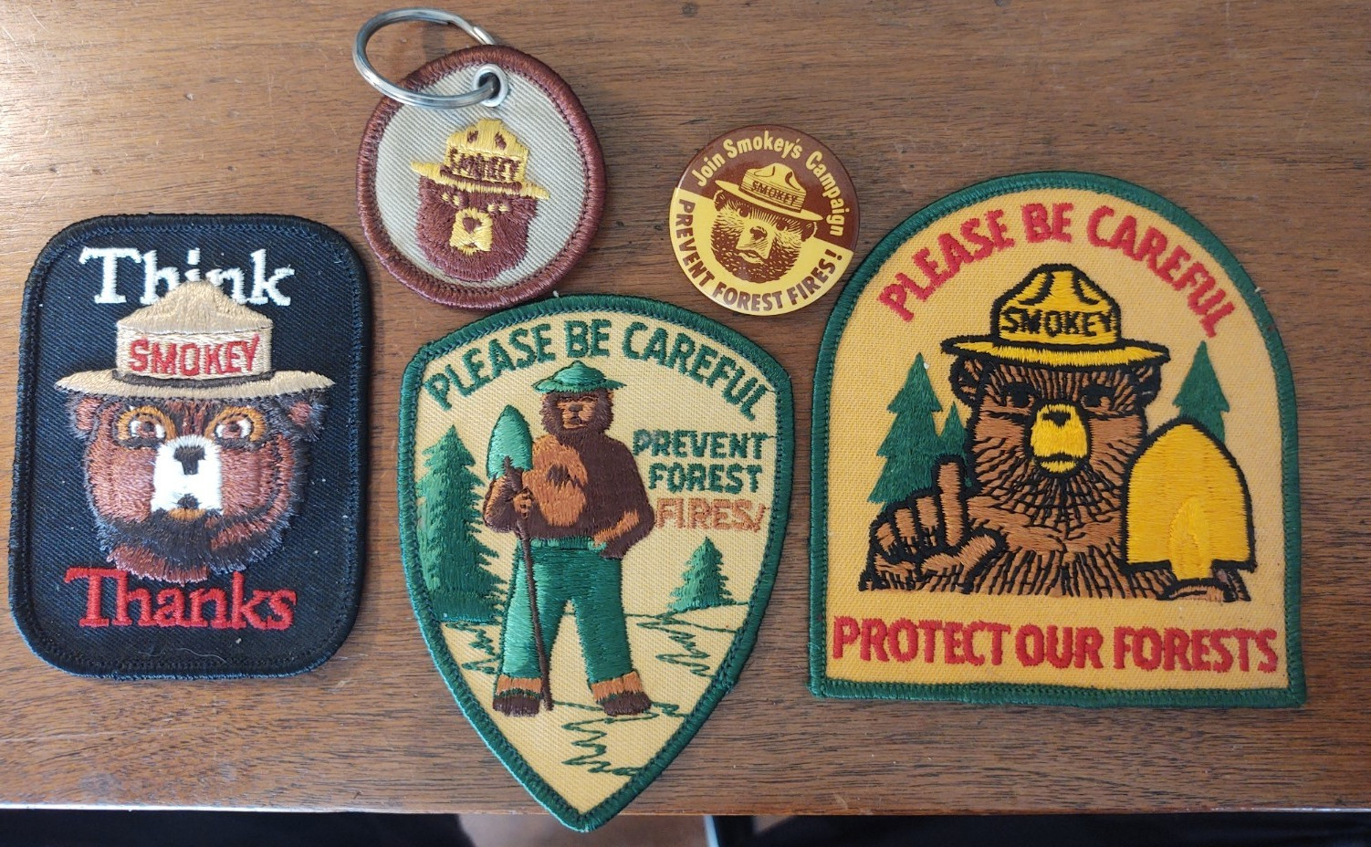 Vintage Iconic Smokey the Bear Lot Patches , Pinback , keychain , 80s era 5 pcs