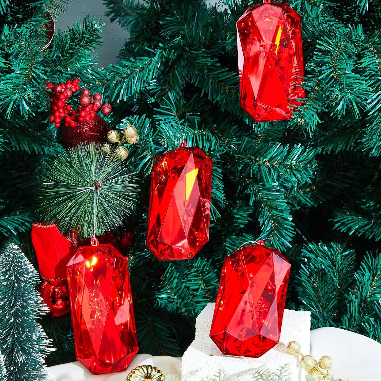 Syhood 4 Pack 5.7 Inch Jewel Ornament Acrylic Red Jewel Ornaments for Christmas