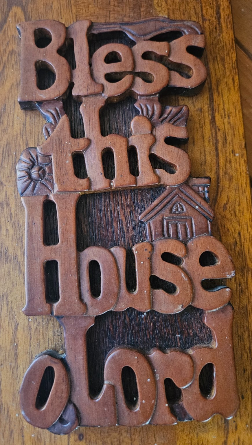Vintage wood carved Bless This House O Lord wall plaque
