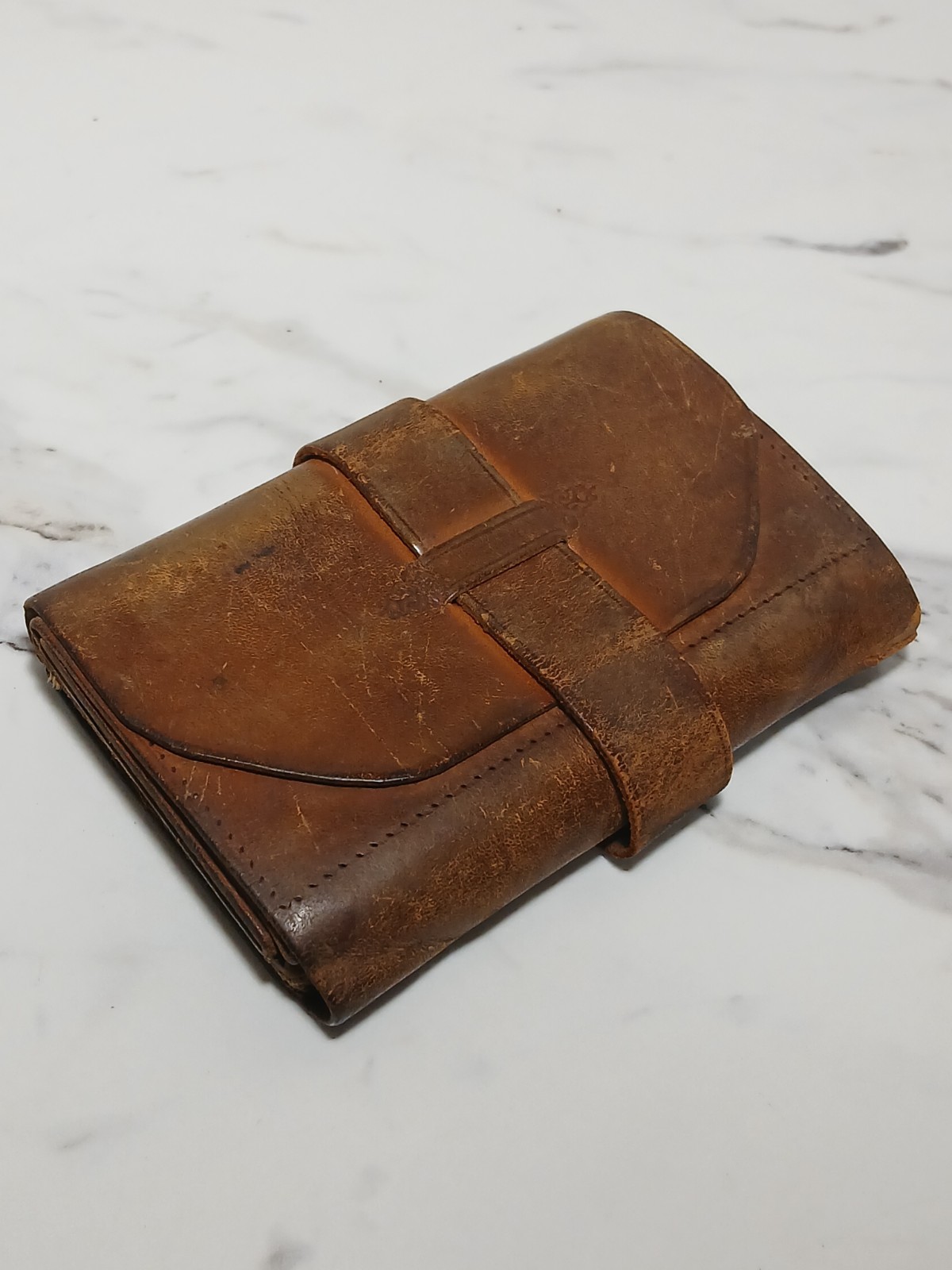 Antique 1800s Civil War Era Brown Leather Folding Wallet.