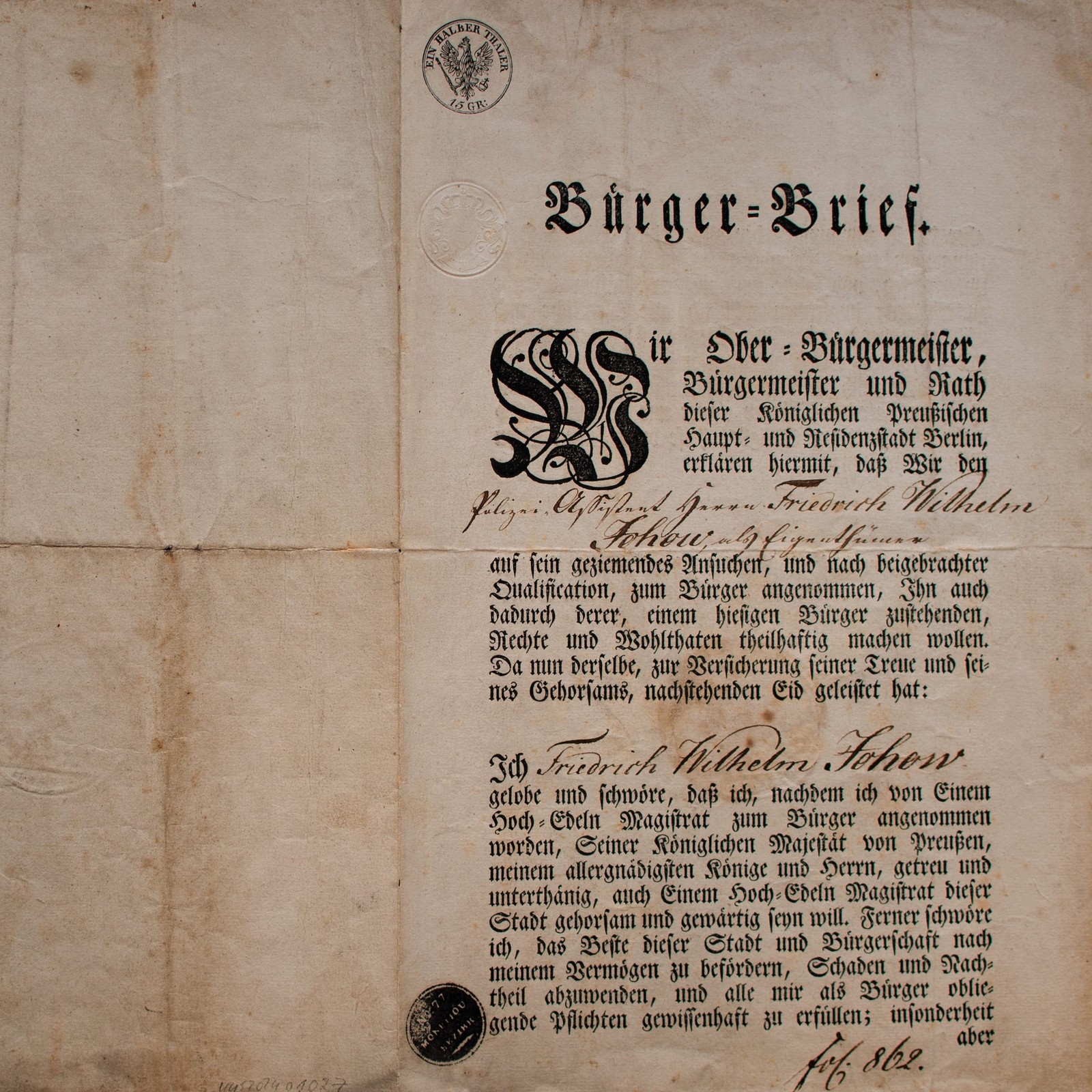 Citizens letter historical Berlin Friedrich Wilhelm Johow Johann G. Büsching 1827
