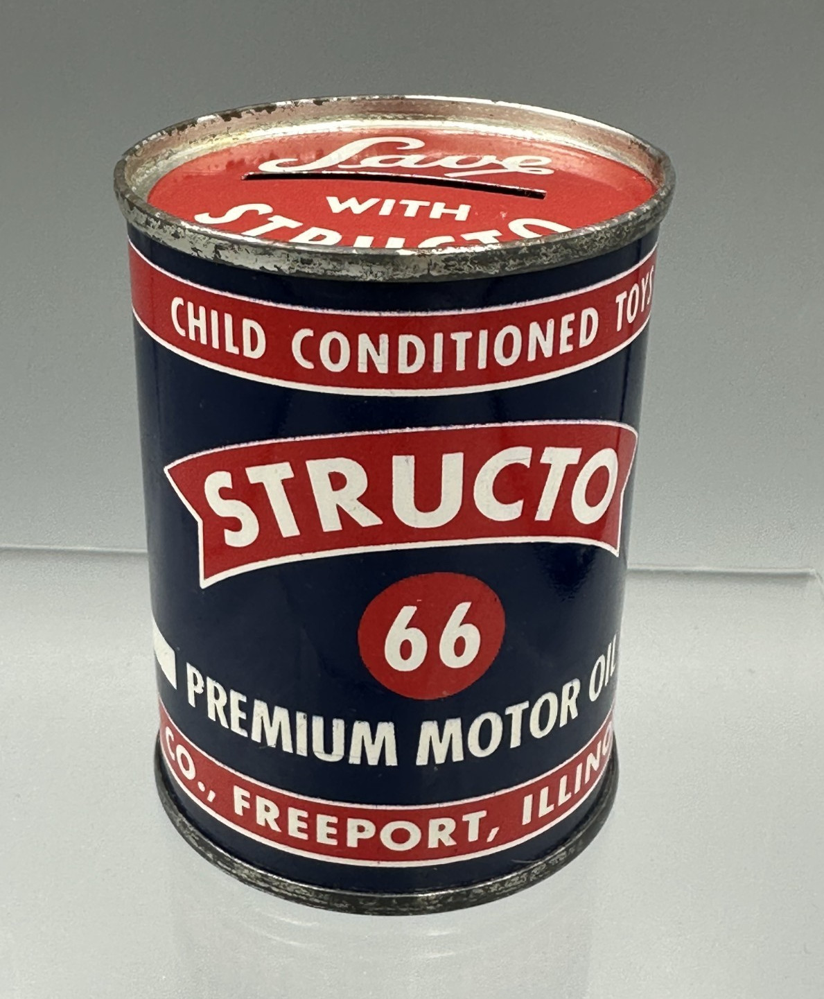 Vintage STRUCTO 66 MOTOR OIL Can COIN BANK Tin Gas Advertising FREEPORT ILLINOIS Vintage STRUCTO 66 MOTOR OIL Can COIN BANK Tin Gas Advertising FREEPORT ILLINOIS