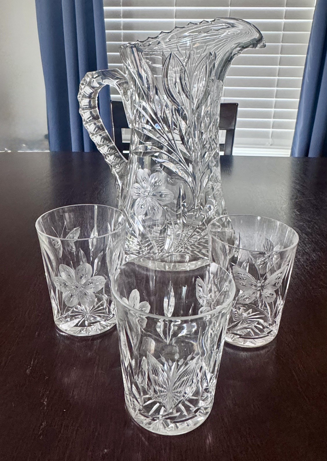 American Brilliant Period ABP cut crystal glass pitcher & 3 matching  glasses 