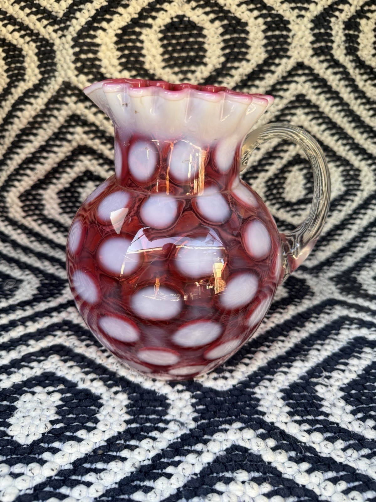 Vintage Fenton Pink Cranberry Opalescent Coin Dot Ribbon Top Art Glass Pitcher Vintage Fenton Pink Cranberry Opalescent Coin Dot Ribbon Top Art Glass Pitcher