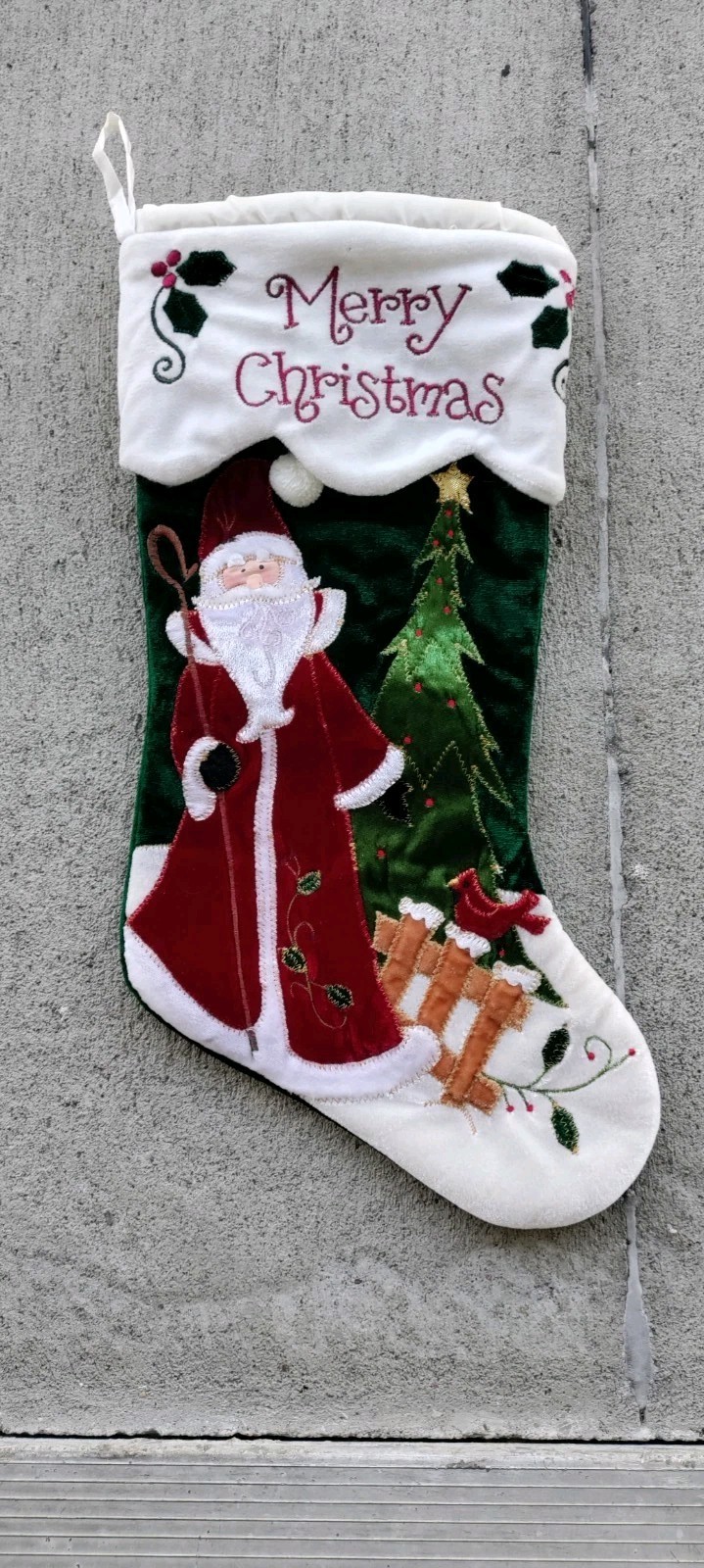 Vtg PRIMA CREATIONS Merry Christmas SANTA w/Tree & Bird, Plush Green, 17,\