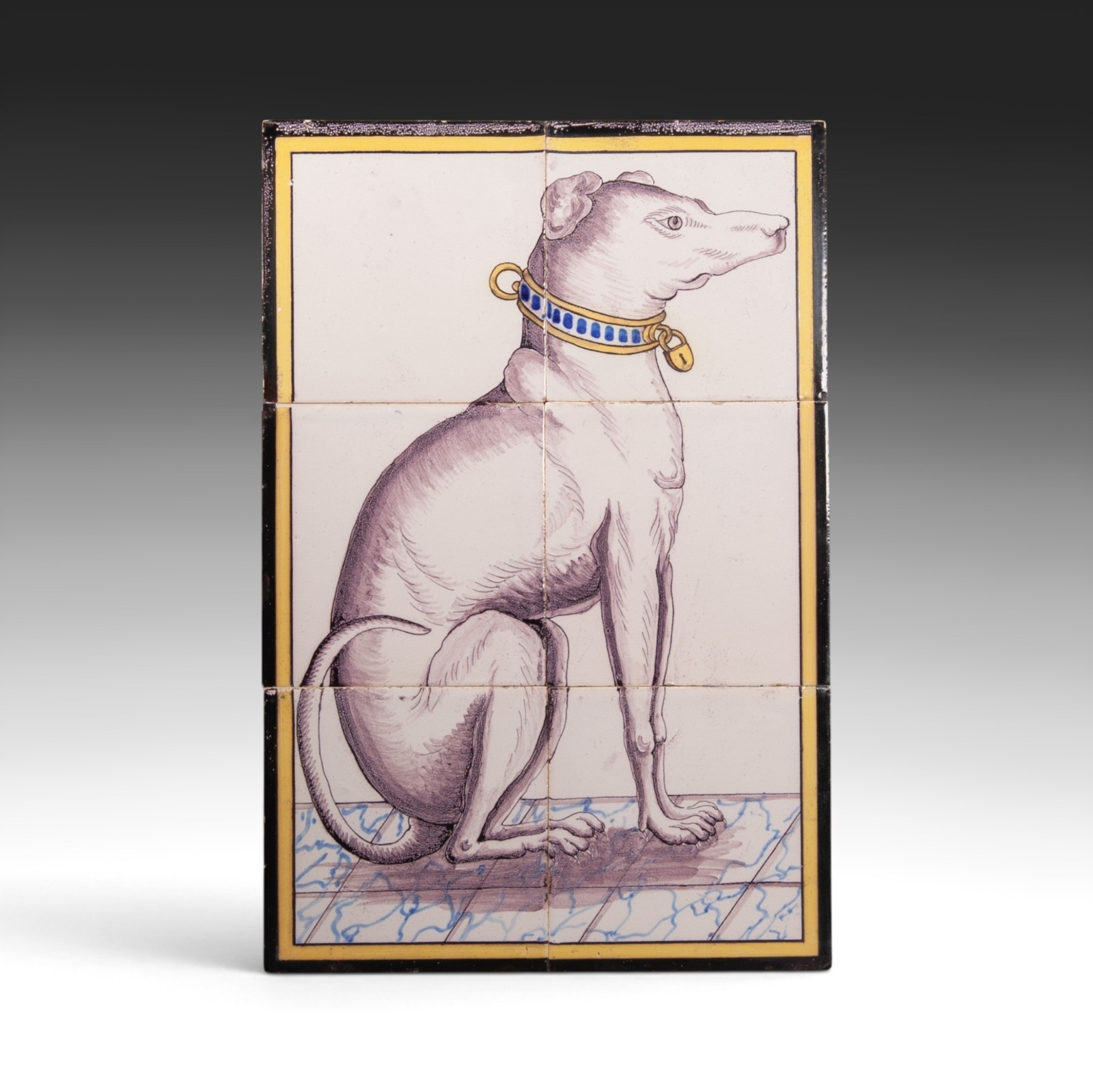 Antique Dutch Tile Panel with Greyhound Dog – 6 Utrecht Tiles, 19th ct, ca.1860