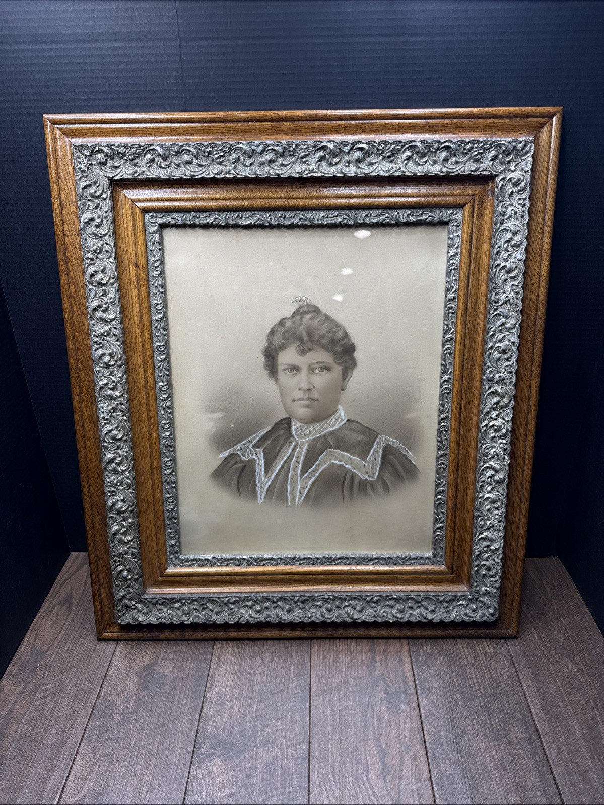 Antique Large Victorian Carved Art wall Women Portrait Ornate  Oak Frame