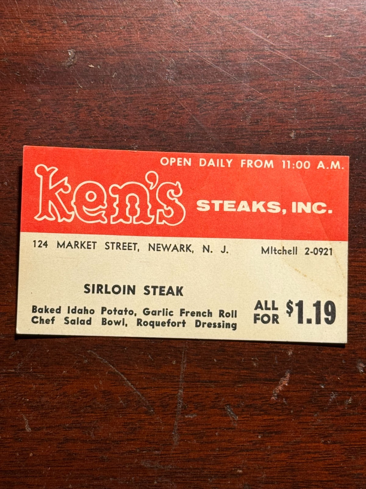 Ken\'s Steaks Newark New Jersey Vtg Business Card Sirloin Steak Market St.