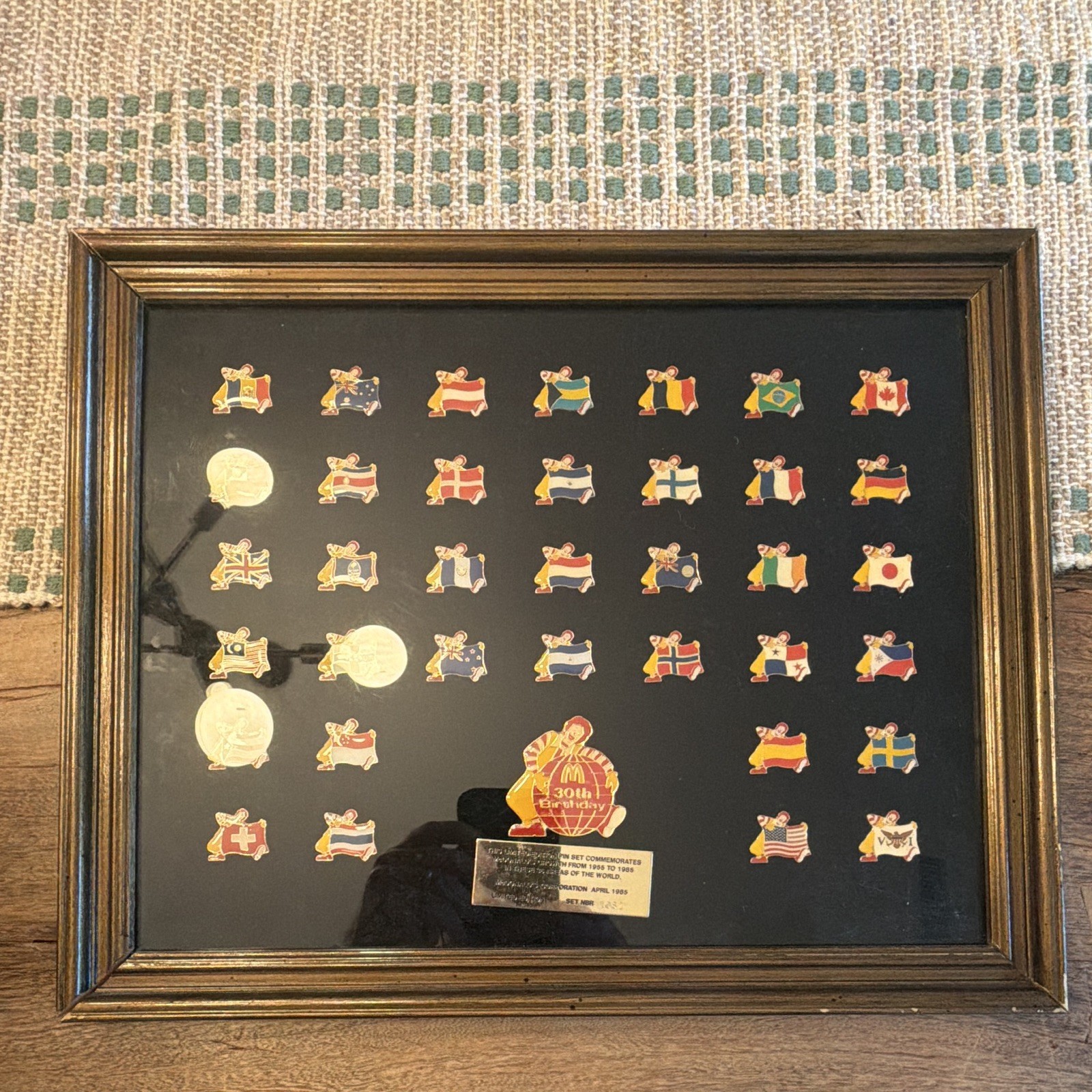 McDonald\'s 1985 30th Birthday Limited Edition World Flags Pin Set Framed McDonald\'s 1985 30th Birthday Limited Edition World Flags Pin Set Framed