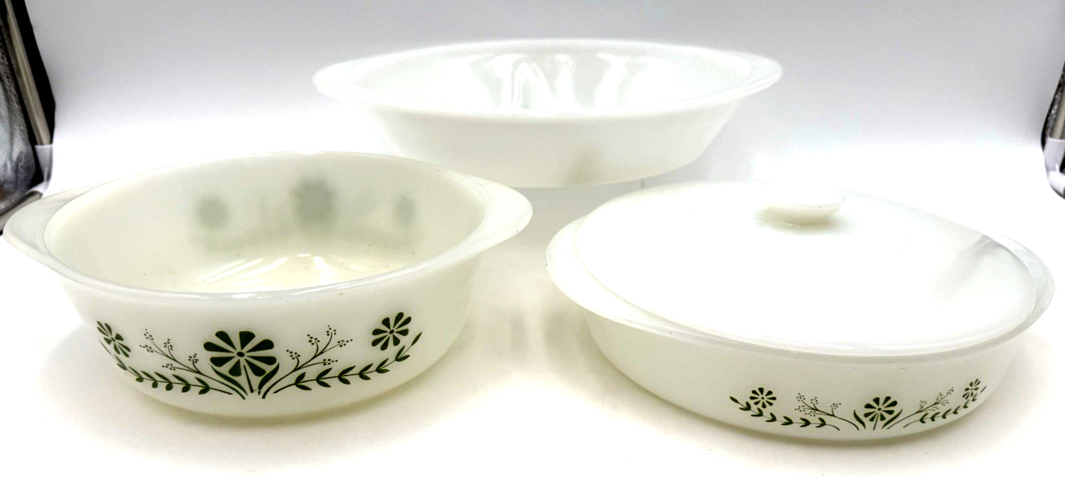 TESTED Vintage GLASBAKE Green Daisy Casserole Bundle 4pc Set J2329 J514 w/ Lid